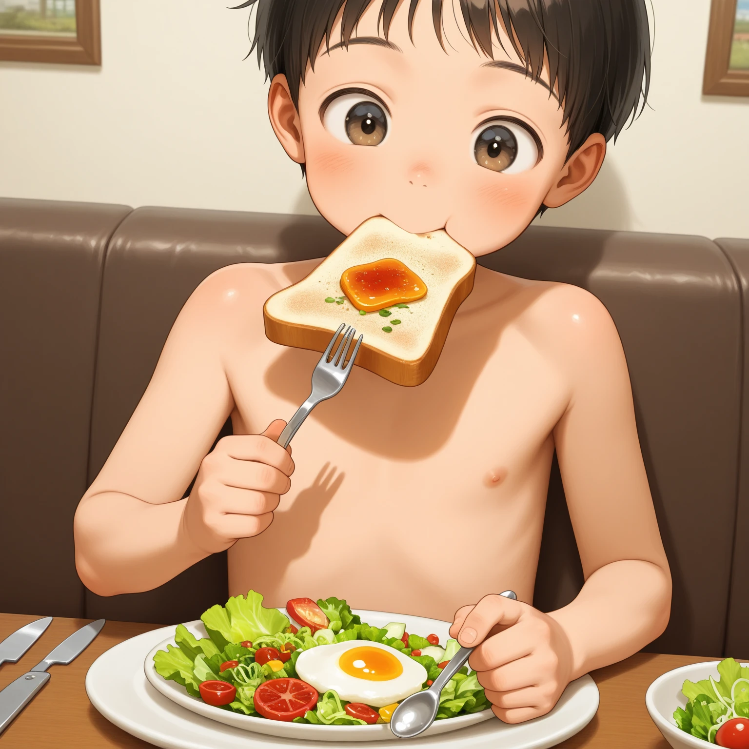 Highres, Masterpiece, Best quality at best,Best Quality,hight quality, hight detailed, 1boy, Shota, Cat ear, Nyotaimori, On table, (Food on his body), (very young boy), Underwear, 12-year-old boys, Armpit, hansome, Sweat