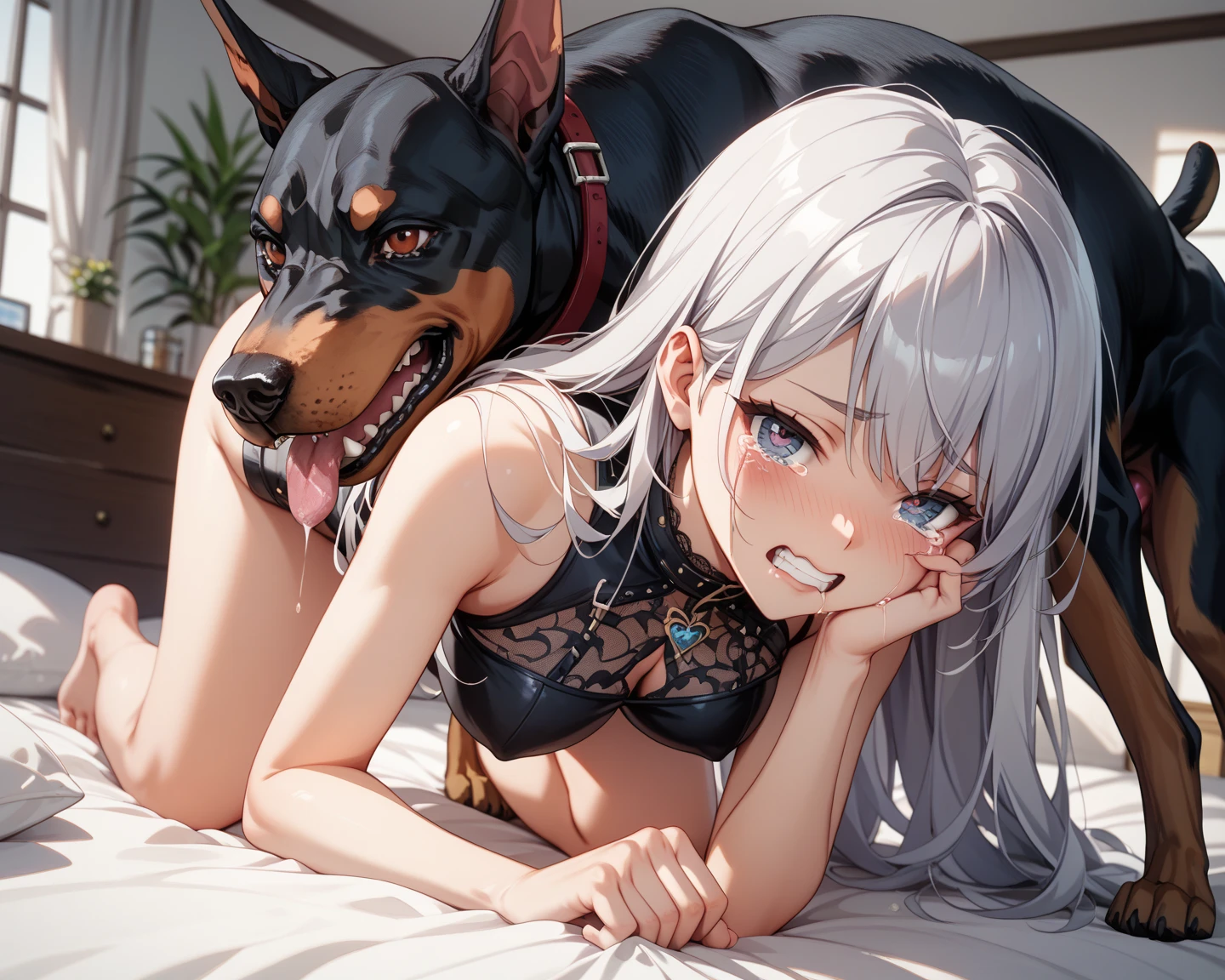 big breasts:1.5、、highest quality、very detailed、Very realistic eye masterpiece、highest quality、very detailed、gray hair、perfect face、long hair、white dress、sundress、Sex with dogs、
