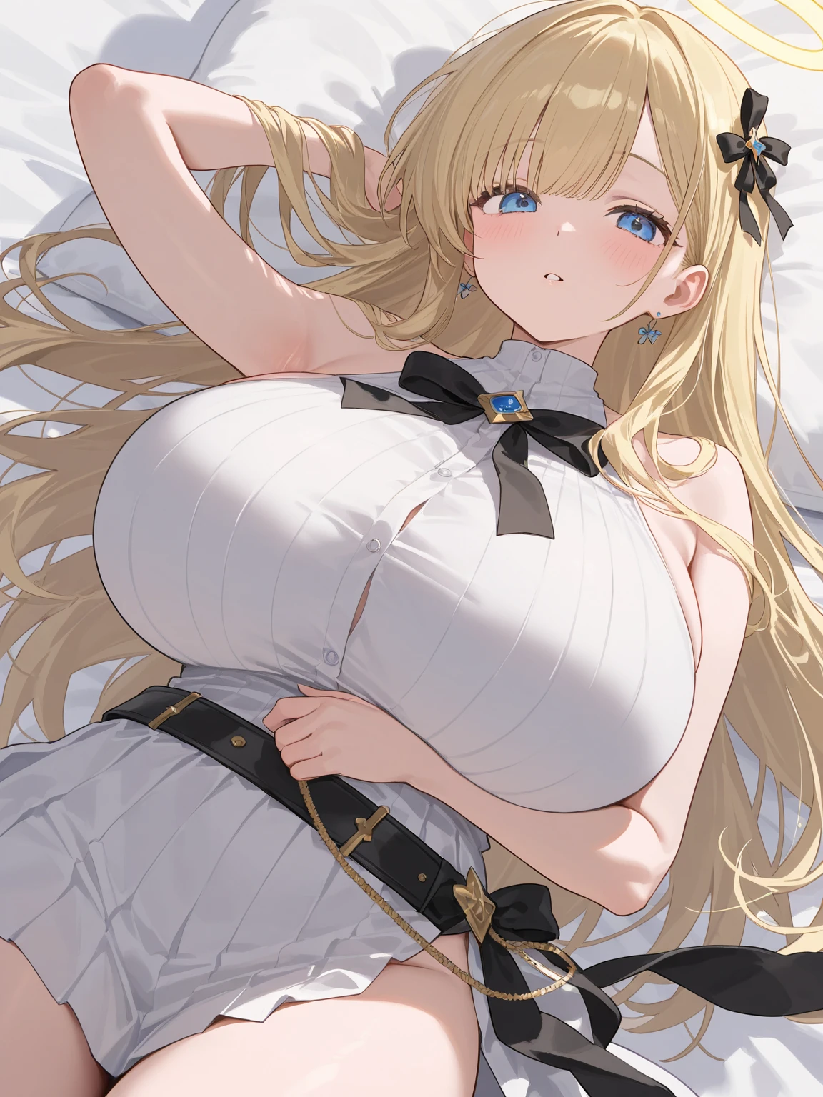 (A woman with big tits)，Attractive woman，Light blond long hair，clavicle，Gemstone Necklace，Off-shoulder nightdress，short dress，Lace，Intricate details，Beautifully，Charm，Lying in bed，(blush)，