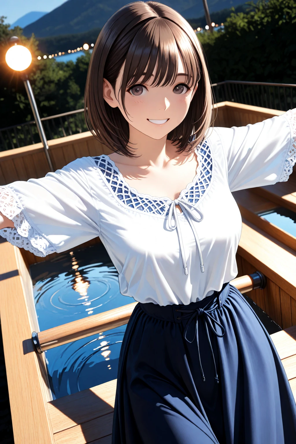 High resolution,In 8K,highest quality,detailed,Semi-realistic anime,Anime 3D Style,Smooth anime CG,One Girl,19-year-old woman in Japan,slim,Modeled,Shiny brown hair,Medium Hair,detailedな顔,Beautiful and detailed,Glowing Skin,((White and big blue polka dot summer dress)),necklace,straggling hair,Angelic hairstyle,Small breasts,round and large eyes,((Laughter))