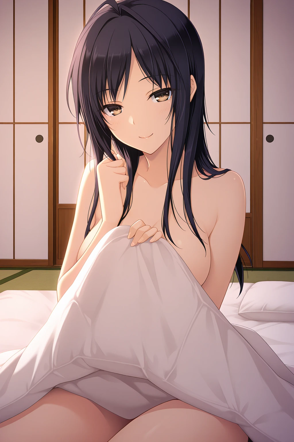 A girl laying down on a bed, naked, blushing, 4k, cum in whole body, long hair, black hair