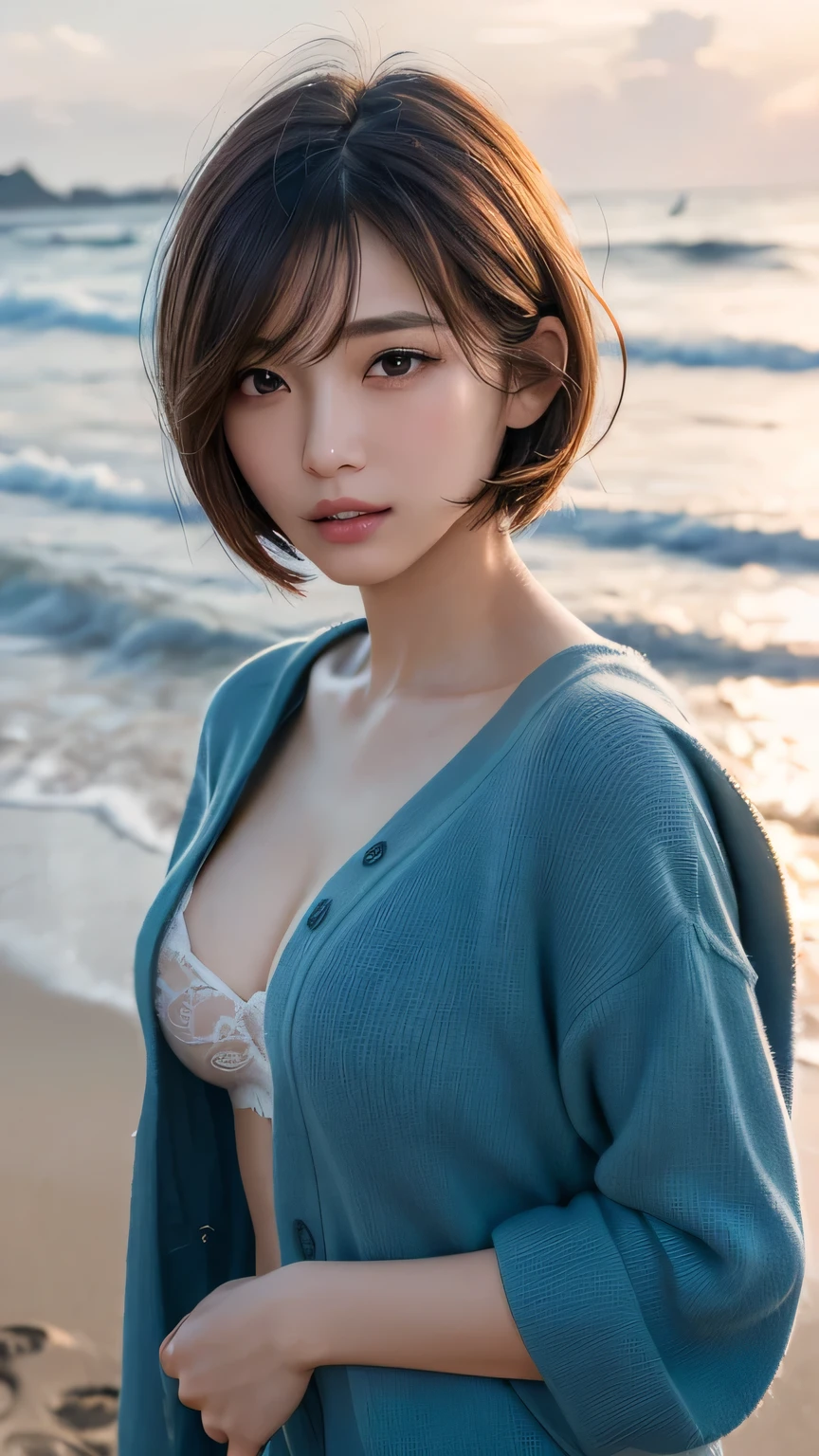 （best qualtiy，tmasterpiece：1.1），（Fidelity：1.4），1个Giant Breast Girl，The upper part of the body，Very short hair，Studio，BDSM，Slaves，shackle，Slave collars，Slaves，pantiess，shackle，BDSM，bindle，Areola sling，Full cleavage，More seductive pose，Get wet，White water droplets，More seductive pose，Cardigan，Shirtless，Blocks the areola
