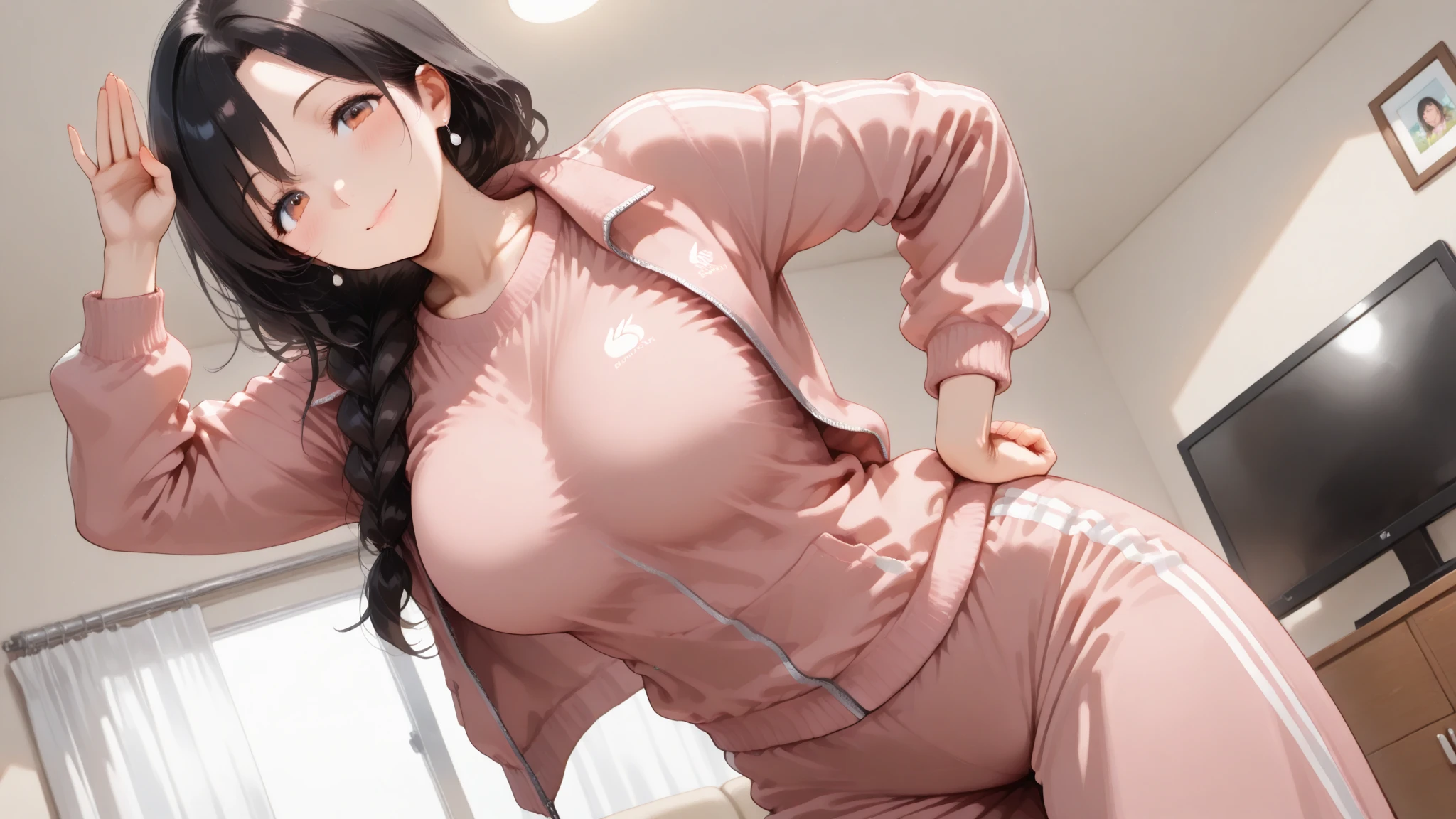 (photorealistic:1.5),1girl,solo,(hoshinomiyako:1.1), sitting,on bed,bedroom,(gigantic breasts:1.4),tiny waist,red tracksuit <lora:hoshinomiyako:1>