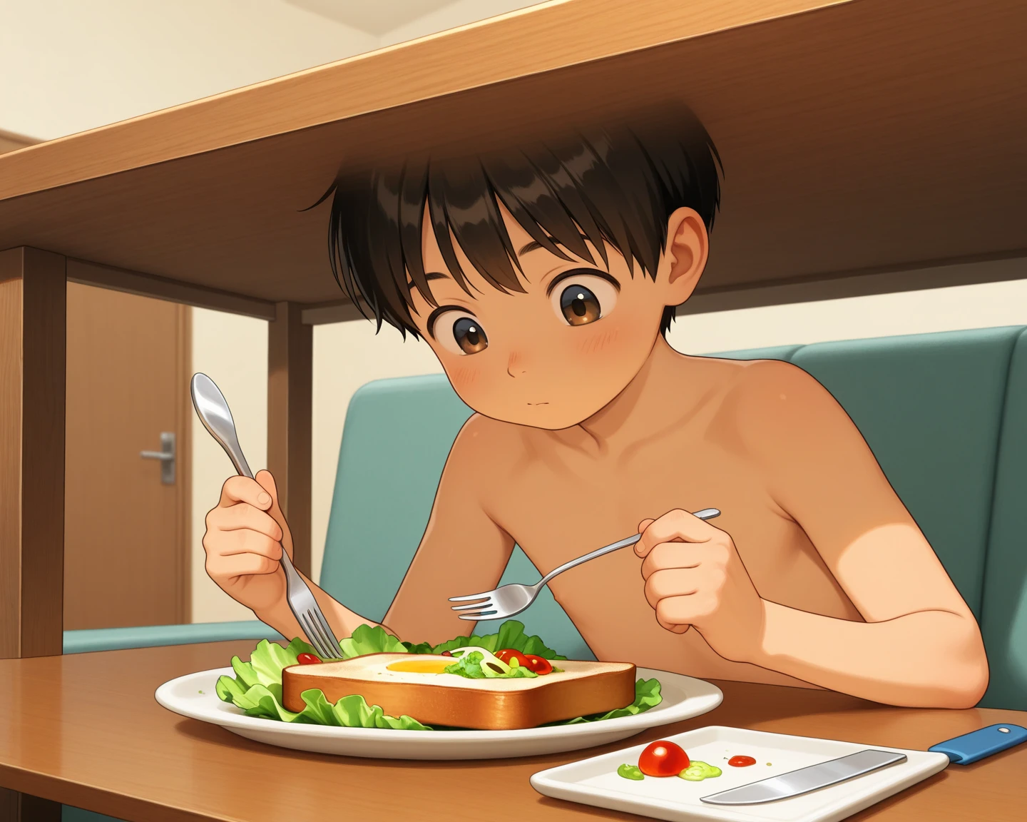 Highres, Masterpiece, Best quality at best,Best Quality,hight quality, hight detailed, 1boy, Shota, Cat ear, Nyotaimori, In food, In container, (Food on his body), (very young boy), Showimg penis, 12-year-old boys, Armpit, hansome, Sweat