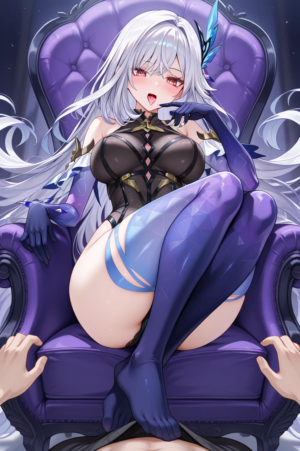 (high quality,Very detailed:1.37, High resolution), Woman, defCm, hair over one eye, black tiara, purple capelet, black armor, cleavage, gauntlets, gloves, armored legwear, armored leggings, see-through, masterpiece, best quality, (wetting herself:2.0), embarrassed, humiliation, sweating, (blush:3.0), (angry:1.5), (tears:1.5), (sitting:1.5), throne, (hands behind back:2.0), from above, anime screencap