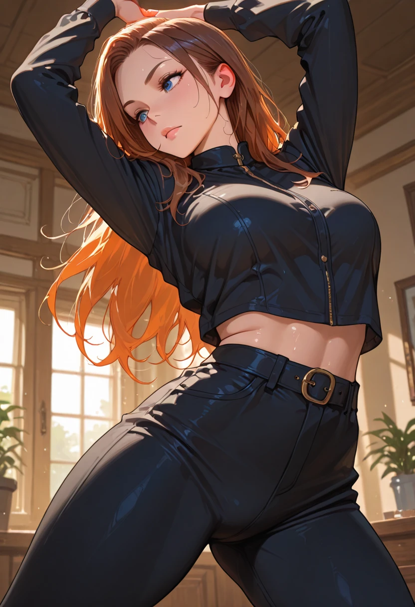 Neko Girl, Maid, Princess, ((Have a fluffy cat tail)), ((purple long hair), beatiful face, ((In her forehead is a blue princess crystal)), ((sexy facial expression)), is looking at the camera, ((Body color: swarthy reddish)), skin color: swarthy, sweaty body, Body glare, ((Beautiful Female Eyes)), ((Eyes glow with blue light)), ((Perfect Sexy Figure)), Ideal body shapes, big thighs, ((sophisticated and beautiful)), Sexy stance ((frontal view)), ((The clothes: Yellow sweater with beautiful neckline and women's leggings, Around the neck is a choker with a crystal inside)) Background: Dark room with window overlooking the sunset, Depth of field, ((ultra quality)), ((tmasterpiece)), Clear image, crisp details, Realistic, professional photoshoot, Clear Focus, the anime, Colorfully drawn, NSFW
