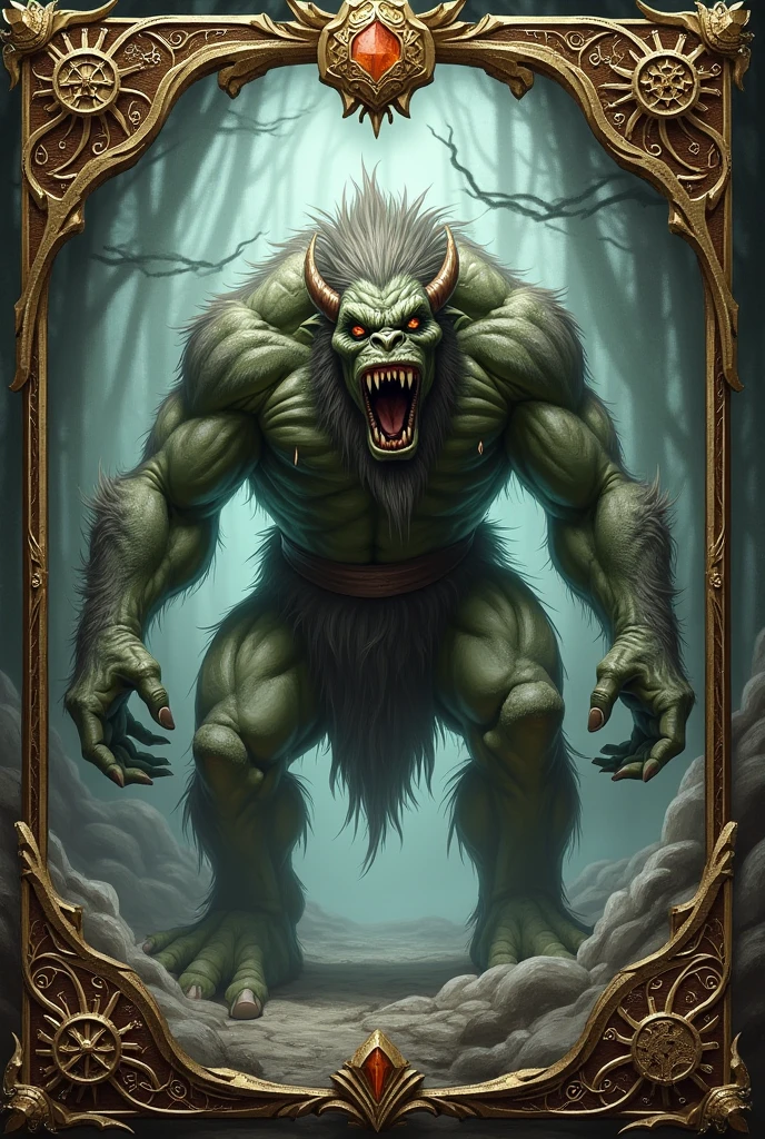 hyper detailed masterpiece, dynamic, awesome quality,female troll, mythical humanoid being,large, strong, 8 to 10 feet tall, deep forests, thick warty grey skin, large nose, pointy ears, jutting jaw, prominent teeth, deep-set glowing eyes, long wild hair, claws, fantasy, stooped posture