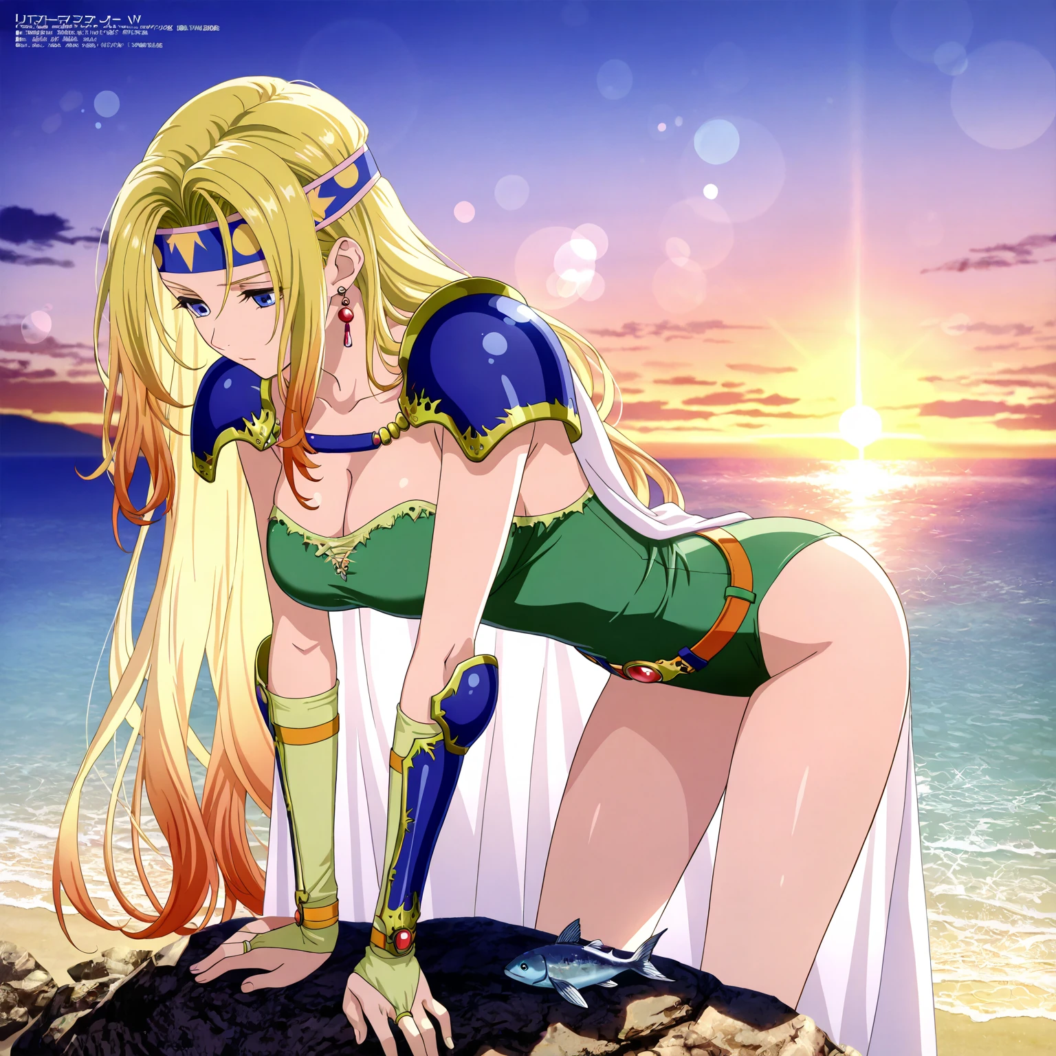 score_9, score_8_up, score_7_up,,BREAK source_anime, from side,,breast front view,standing,,medium shot,looking_at_viewer,1girl, celes chere, final fantasy.blonde hair, blue eyes, (ultra micro bikini,green bikini),large breasts,cleavage,pointy breasts,,, white cape, vambraces,bracer, very long hair, bangs, closed mouth,.tundere,,, (best quality),(aesthetic,very aesthetic),masterpiece, highres, (anime screenshot:0.5),contrapost,graceful posture,lean but curvy body, slender waist, round hips, willowy limbs,arms crossed,