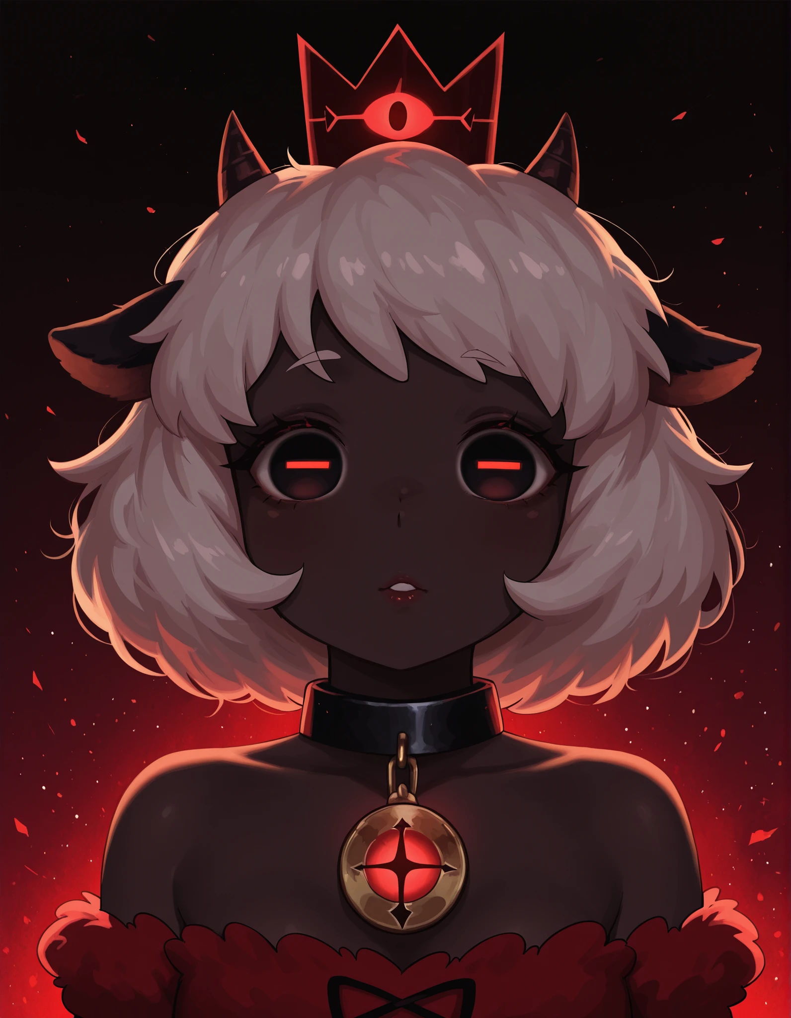 ostyle,, masterpiece, best quality, very aesthetic, 1girl, solo, cult of the lamb, sheep girl, collar, horizontal pupils, red/black eyes, red crown,