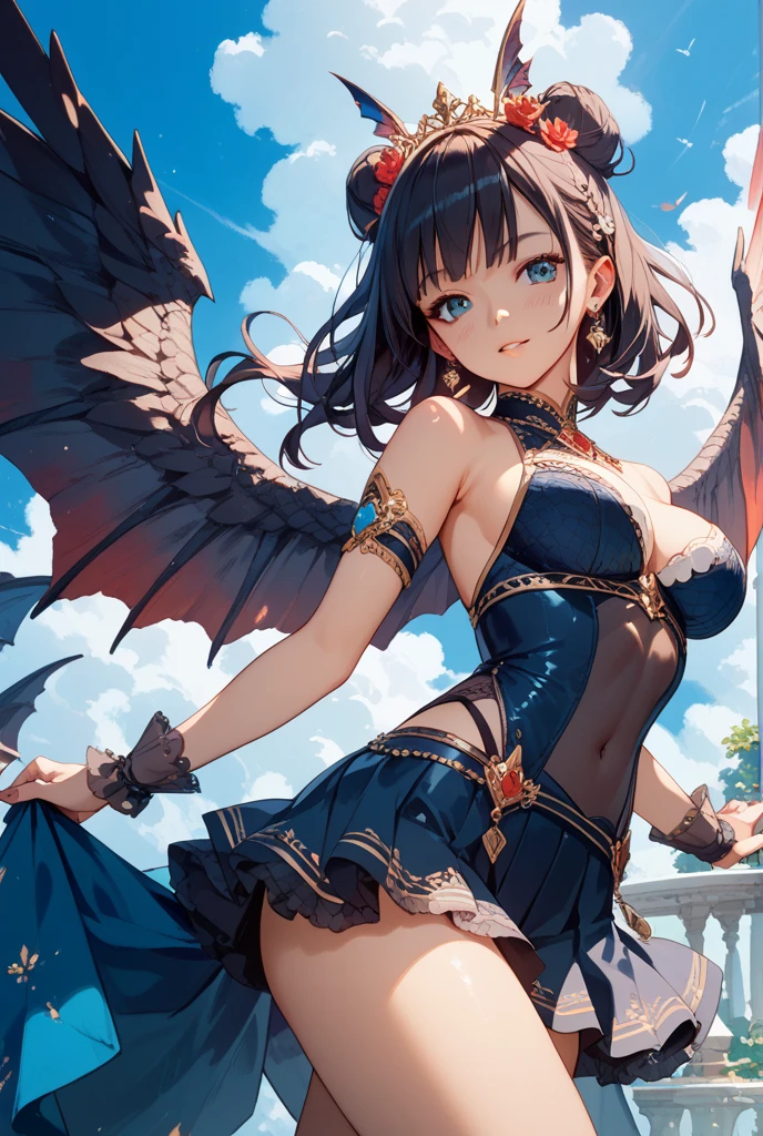 "Sexy fairy with long wavy brown hair, blue eyes, and white skin. She has a slim and elegant figure, Looks a bit lost. She has small black horns and translucent bat wings. She was wearing an exquisite blue and white Victorian dress.，With lace and ruffles, High slit. She held a small white flag, Poor and helpless, She had a sad look in her eyes. The succubus takes up most of the screen., Prominent status. Paris streets in the background，The Eiffel Tower in the distance，Or an old French castle，Covered with ivy and stone carvings."