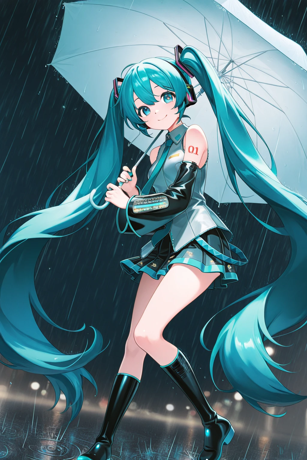 Captain Hatsune Miku、Blue hair、light blue  eyes、Aquamarine eyes、Cat Hairpins、Long、Twin-tailed、a miniskirt、The shirt、Black hoodie、Shoulder bag、a necklace、Misanga、double tooth、sparking eyes、School building、takeout、Rainy Day Encounters、Seductive Anime Girl, anime style 4 k, best anime 4k konachan wallpaper,anime moe art style, Anime art wallpaper 8k、Highly rated on pixiv、top-quality、超A high resolution、An ultra-high picture quality、​masterpiece、８K、(highly detailed back ground)、Per person