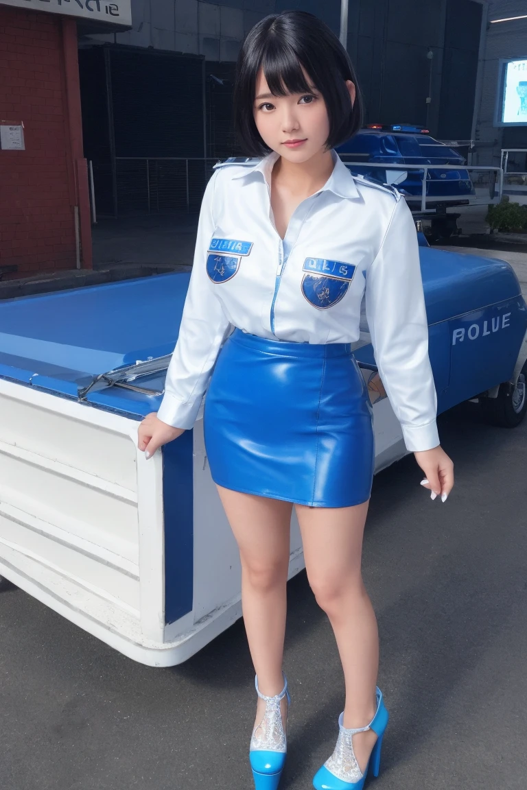 1girl in、Police Fashion、Female police uniform、Police Cap、full body Esbian、Colossal tits、cleavage of the breast、a miniskirt、Race queen pose standing in front of a police car、Lace fabric panties are visible..、Show panties provocatively、Long black boots、Glaring、A sexy、sexypose