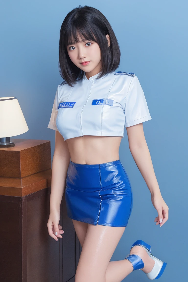 Police Officer Woman、(((Lace panties)))、(in 8K、top-quality、​masterpiece:1.2)、(realisitic、Photorealsitic:1.37)、ultra-detailliert、Princess、police station、(blush of the nose)、(A smile:1.15)、Medium chest、beatiful detailed eyes、(shirt with collar:1.1)、((police officer uniform))、Sateen、(shorth hair:1.2)、pureerosface_v1、detail finger、Beautiful Detail Face、