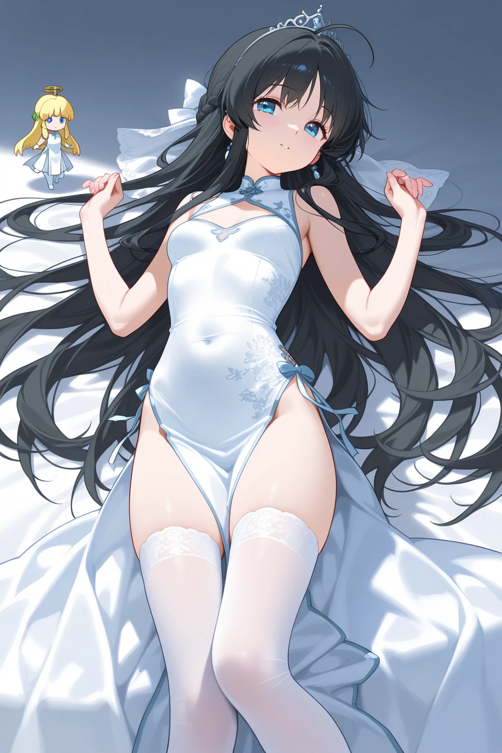 (((High resolution:1.5))), (((Very detailedな:1.5))), (((Two Girls:1.3))),((７Head to Body:1.3))、 (((White bed,Bright interior、Midday light background)))、(((Happy expression))), (((smile:1.5)))、(((Beautiful and detailed eyes:1.3))), (((Very detailed))), (((Details face:1.5))), break ,sunny、(((Very delicate body:1.5)))、(((Very flat chest:1.5)))、((Small waist))、(from side:1.3),(((Embrace:1.3)))、(((wavy hair:1.3)))、(((Short Ponytail:1.5))),Normal limbs、(((thigh gap:1.3))),(((dakimakura:1.5)))、(((White camisole:1.1)))、(((white cropped shirt,belly button、White Bikini Pants:1.3)))、chain
