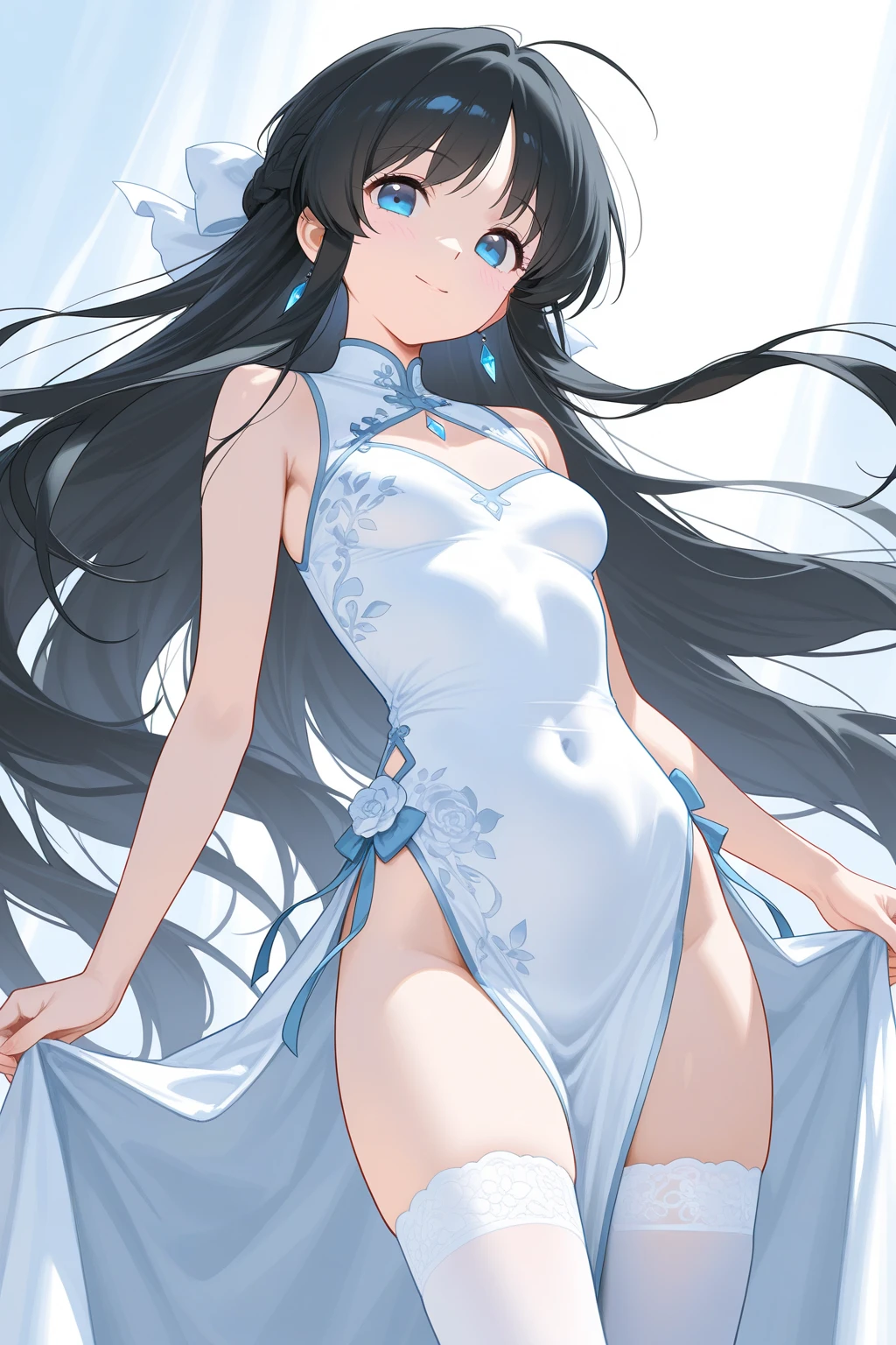 ((4K、8K、top-quality、Perfect fingers: 1.perfect anatomia: 1.3、Background blur))、((10yaers old、Lori、small tits 、cute big droopy eyes、stright long hair、a beautiful slender girl、The best smile with open mouth))、(Competitive swimsuit)、Blue sky and white sand beach、Full-body angle、