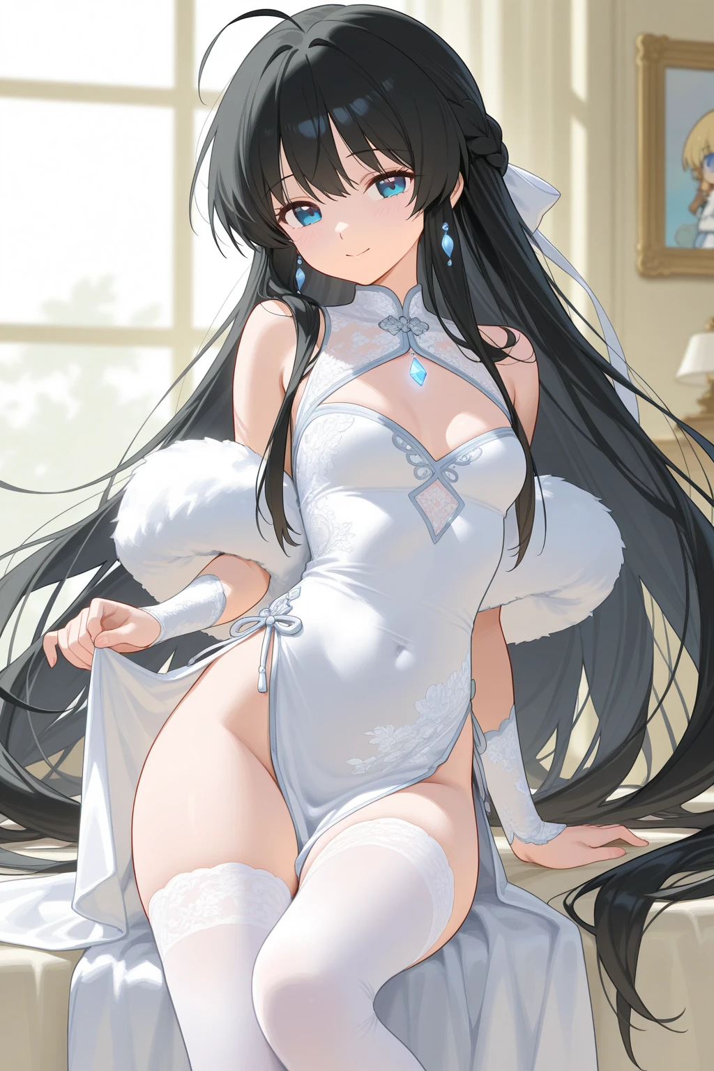 独奏, 1girl, Masterpiece, Best Quality, extremly detailed, Cinematic lighting, intricate detials, hight resolution, official arts, finely detailed beautiful face and eyes, high-resolution illustration, 8K, dark intense shadows, skinny, big breast, shoulder-length brown hair, bangs, blue eyes, white nightgown, (tears, blushes), night, bedroom, ((half body))