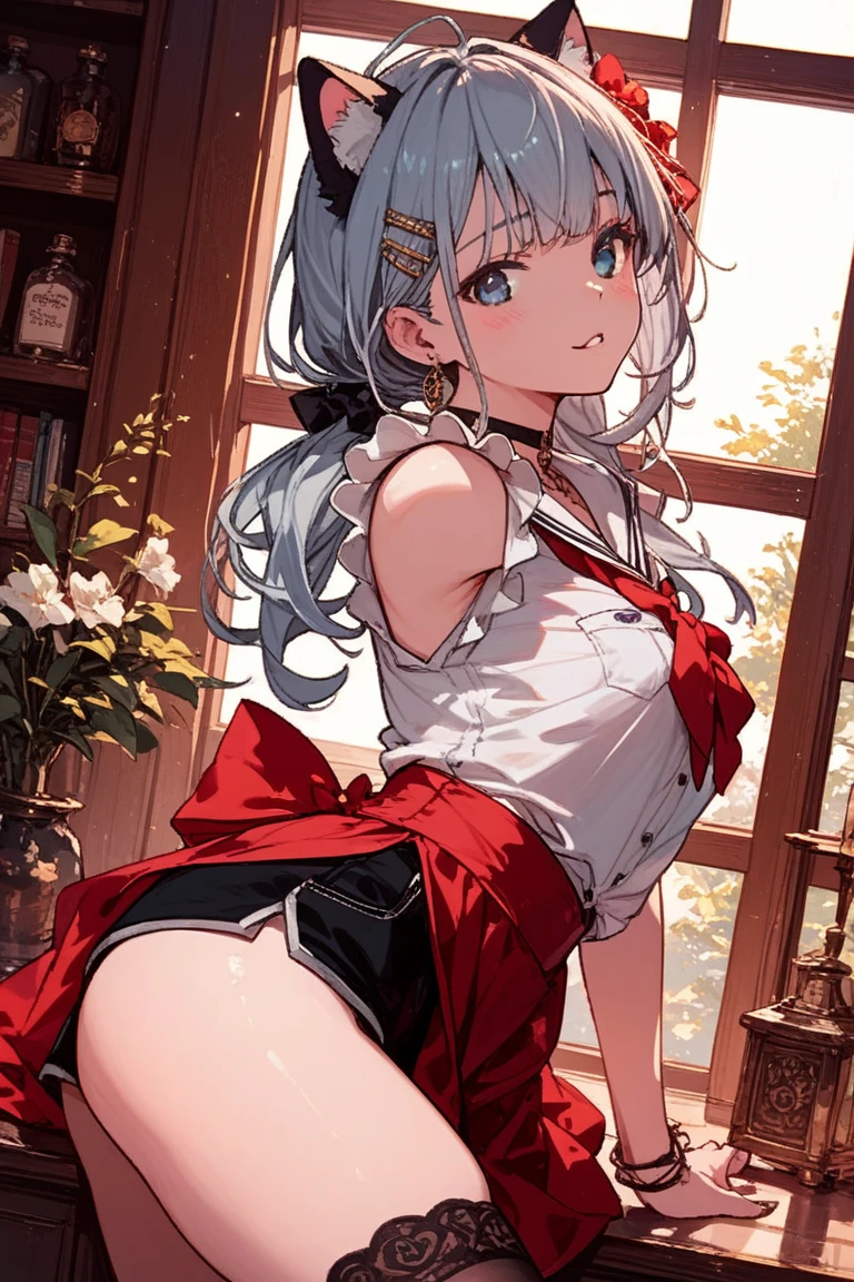 best quality, amazing quality, very aesthetic, absurdres, (1girl, mutsuki, blue archive, solo, red eyes, white hair, side ponytail), (realistic face:0.9),(thong:1.8),dress lift, (grin, blush, thigh:1.3), (cowboy shot), (glistening eyes), (half closed eyes:0.9), (), (official art:1.3), (panties around one leg), expressive eyes, perfect face, 4k, extremely detailed anime illustration, extremely detailed eyes, perfect anatomy, light rays, extremely delicate body, smooth skin, (anime background:1.5), clear eyes, beautiful face, small breasts,(anime style:1.7), (Warm Light:1.5), (highres:2),
