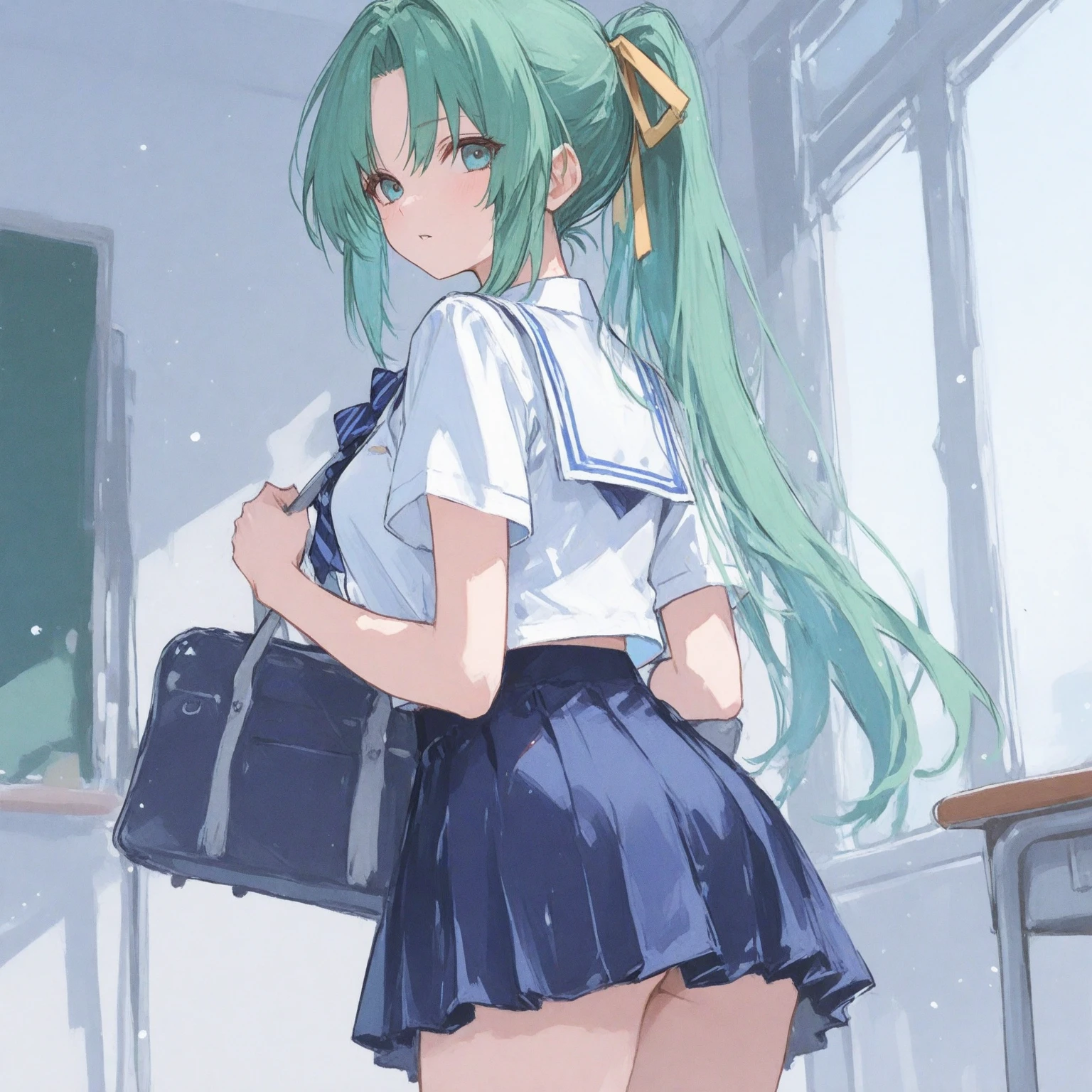 (masterpiece,Highest quality,High resolution,Line art,Anime Style:1.2),(One high school girl:1.2), ((White polo shirt), (Navy blue pleated skirt), (White cotton panties),(White sneakers),(White socks)),(Smiling happily, showing his teeth:1.3),(Straight long hair swaying in the wind,Light green+Light blue hair,Natural Makeup, Eyelash extensions, Make your eyelashes thinner and longer:1.3),(Cowboy Shot:1.3),(16 year old Japanese girl:1.2),(Clothes that look good:1.2),(School corridor:1.3), View the subject from below, (The wind blows her short skirt up, exposing her panties, White cotton panties:1.3), (Are standing, Random sexy poses:1.3), (Place your hands behind your head:1.3), (Thick thighs:1.3)