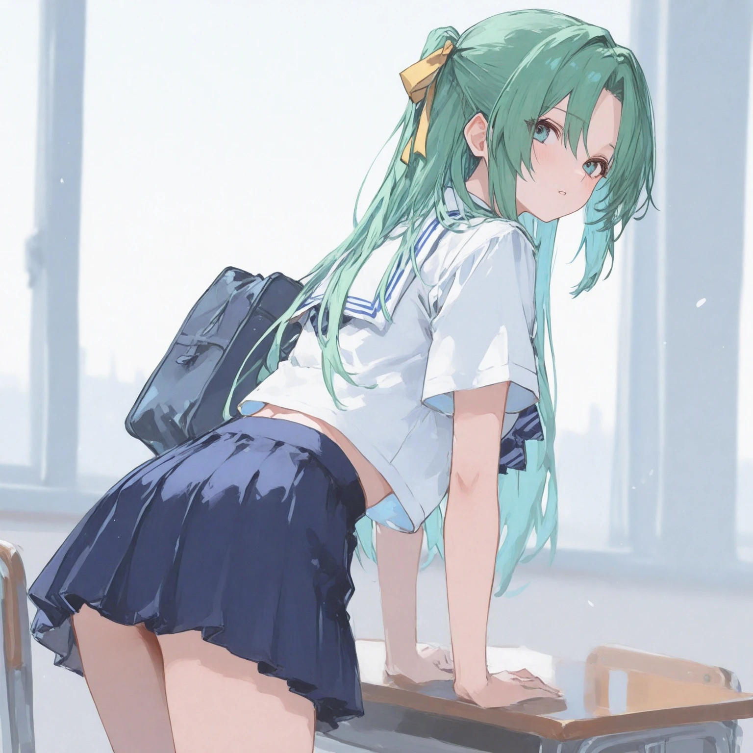 master piece、Highest image quality、highest quality、ultra detail、((embarrassed expression))、(tears)、glossy hair quality、((light green hair color))、Super detailed and beautiful bright eyes、Super detailed clear and beautiful face、((((Kusanagi Nin々))))、(cute illustration:1.2)、(((cute underwear)))、((Girl having her skirt taken off))、High-resolution, ultra-detailed, best quality、forced to spread legs, award winning, anatomically correct