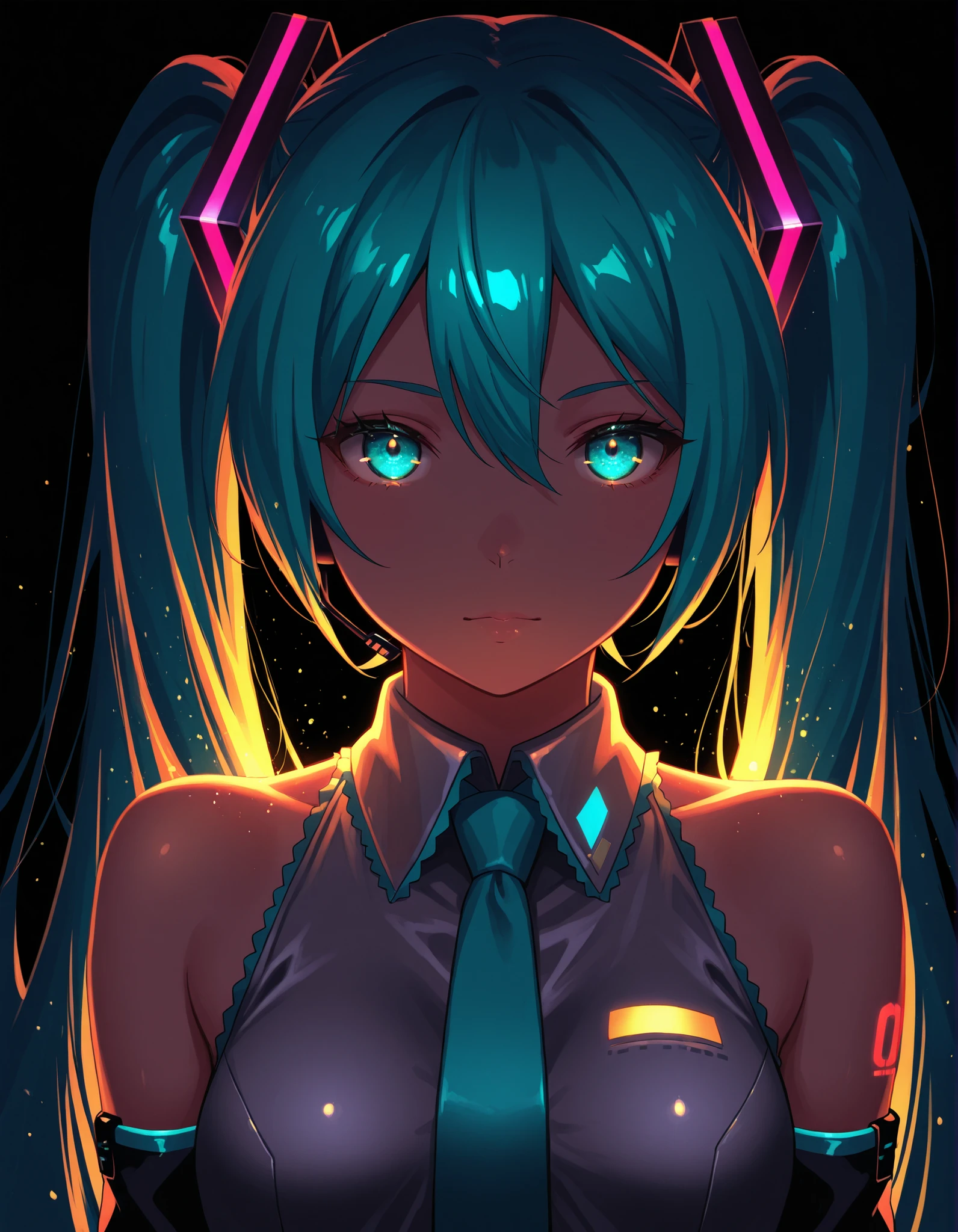 ostyle,, Hatsune Miku,limited palette,black background,colorful,vibrant,glowing outline,neon,blacklight,looking at viewer, masterpiece, very aesthetic