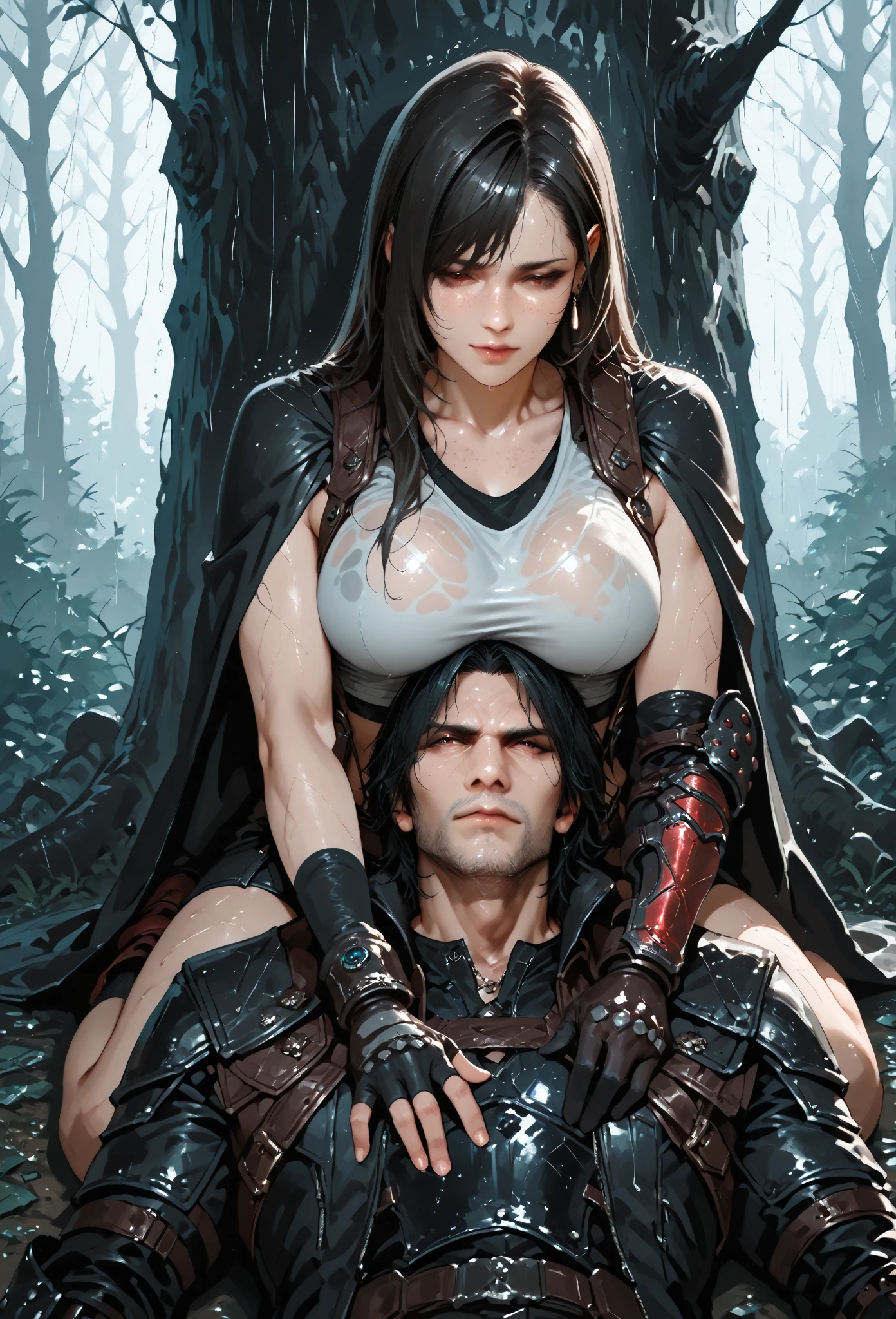Muscular Handsome (((short-haired))) shirtless barbarian man absolutely surrounded and being hugged and touched by (((three))) sexy Goth witch women harem girlfriends bitches feeling his muscles and groin, women: curvy with wide hips in flattering sexy clothing with off-shoulders, three of the hottest women to ever live love to this man, the three women share him as a boyfriend and enjoy helping him feel pleasure together, there are so many gorgeous women are here around this one man, wrestling , hugging, tackling, Flirtatious, sexy medieval fantasy clothing made of fur and silk, lounging in a tent in a magical forest, worshipping him, sexual, kissing, sexualized positions, glowing glistening wet skin, tattoos, , jewelry, faces of pleasure and joy, pressing themselves together, romance novel cover poses, women competing for attention , one woman to his right and one to his left and one below him, full body shot, (((ONLY ONE MAN)))