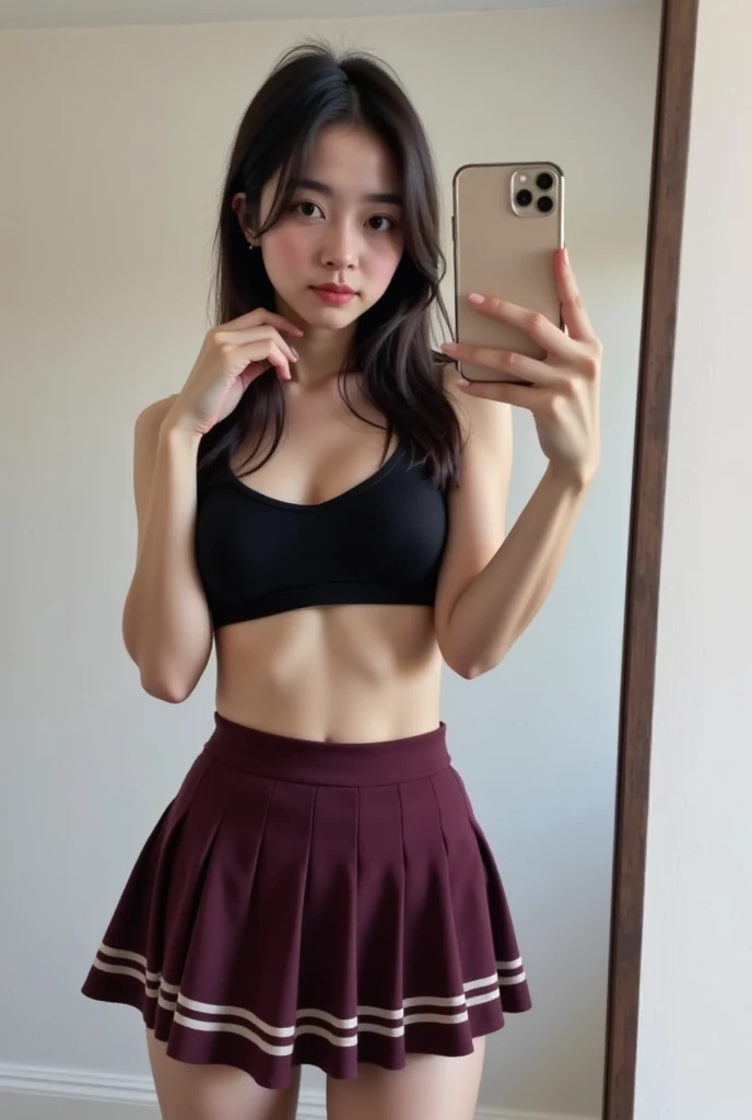 ((Best of the highest quality, 8k, Masterpiece: 1.3, raw photo)), Sharp focus: 1.2, (1 AESPA, slim body type female, 21 y/o: 1.1), (Solo: 1.2), (realistic, photo-realistic:1.37), face focus, cute face, finely eyes, (droopy eyes: 1.32), (Emphasize prominent aegyo-sal with bright: 1.2), shimmering eyeshadow applied under the lower lash line, paired with thick, (small breasts, flat chest, Thigh: 1.3), (short messy bob, bangs, updo: 1.28), (neat bra top, checkered skirt outfit: 1.32), walking terrace office, sun light, flower, (from below: 1.32)