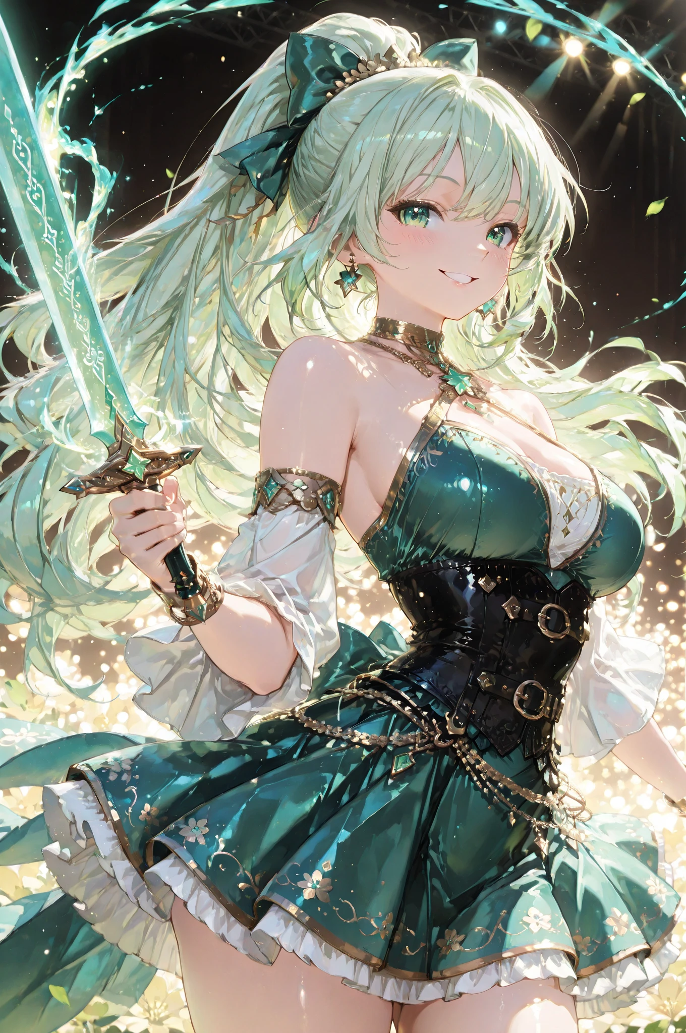 (high detailed)) 27 yo's woman, light cyan hair, Hair over one eye, green Pandora's clothes,big And round breasts, gorgeous thicc plump body,angry expression,furious eyes,Green satellizer's outfit,Very long skirt, holding handblade, dynamic pose, action position, perfect anatomy