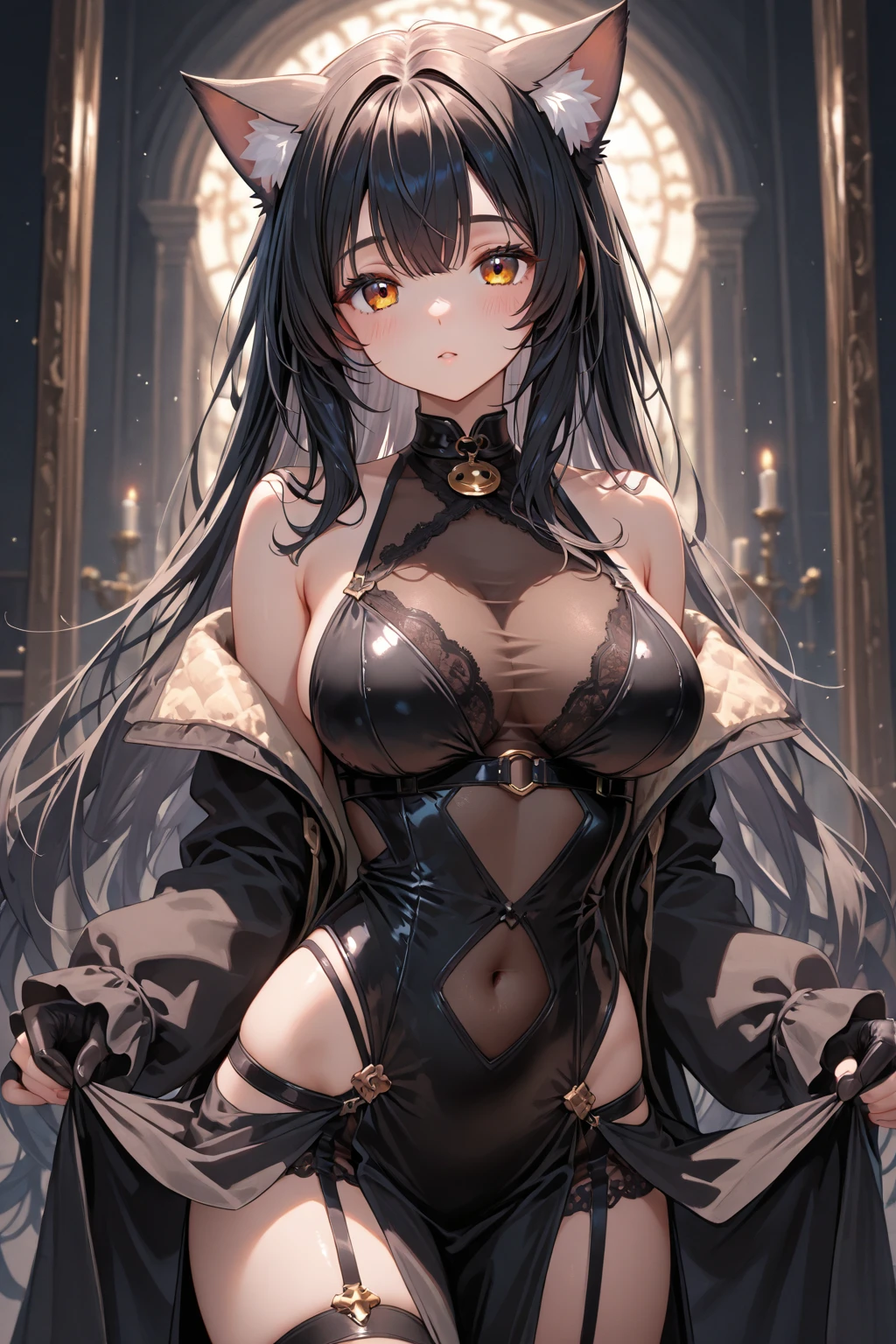 ((highest quality)),(ultra high resolution),(Super detailed),(detailed description),((best CG)),(best work of art),super precision art, great drawing art,(Art with precise details:1.5), (1 young girl:1.5), beautiful and well-shaped face:1.5,(Beautiful skin with precise and detailed depiction:1.6),(elegant sleeveless blouse and miniskirt split at the hips),gorgeous, masterpiece, best quality, high-resolution, finely detailed, extremely detailed and beautiful, distinct-image, 1 girl, 16 year old teenager, solo, sharp facial features, oval shaped face. cherry pink lips, lightly tanned white skin. velvet-colored eyes, C-cup breasts, tall height(175cm), slim yet chiseled body type, short shoulder length dark violet-black hair, small narrow waist, long and slender legs, curvy wide hips, elegant gothic, thigh-high stockings, courtyard setting