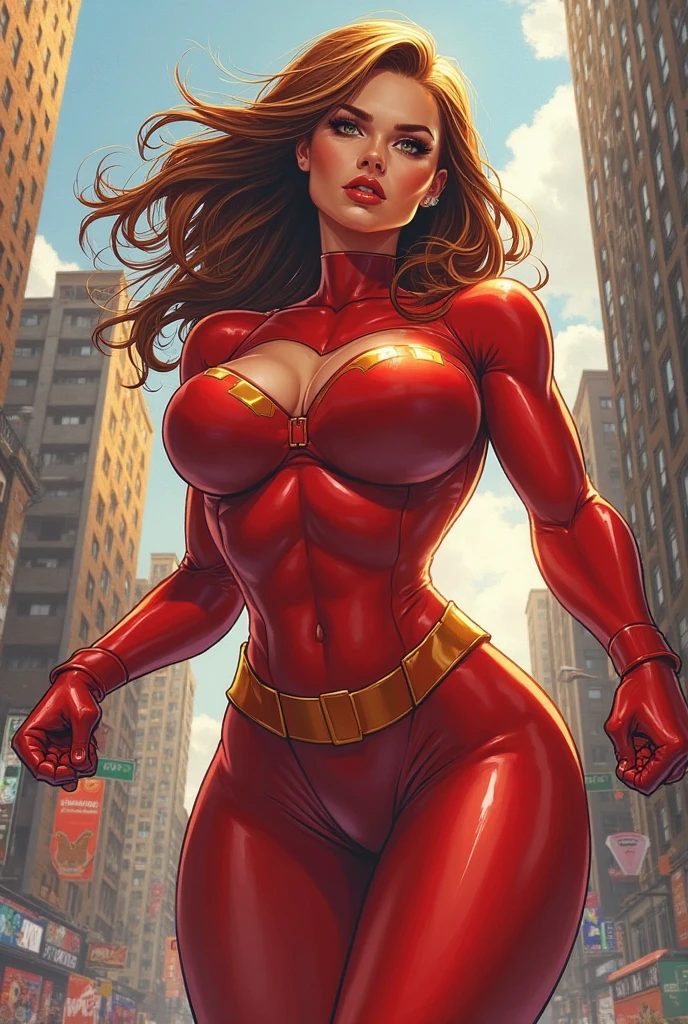 (masterpiece, top quality, best quality, official art, beautiful and aesthetic:1.2), (1girl:1.3), brown hair, braid, extremely detailed, portrait, looking at viewer, solo, (full body:0.6), detailed background, close up, mischievous eyes, (warm city superhero theme:1.1), (((reaching out, incredibly long arm, rubber arm, stretched arm))), pleasant smile, brunette, aquiline nose, green eyes, braid, ((gigantic breasts)), (thin), athletic, superhero. Wearing a sleek, satin (high-neck) (sleek white and red striped bodysuit), ((red sleeve stripes, red leg stripes)), (white sides, red center), modest, fully-covered, long red gloves, long red boots, slim waist, slim hips, long legs, modern (city street exterior:1.1) detailed background, bright optimistic lighting, shadows, magical atmosphere, dutch angle