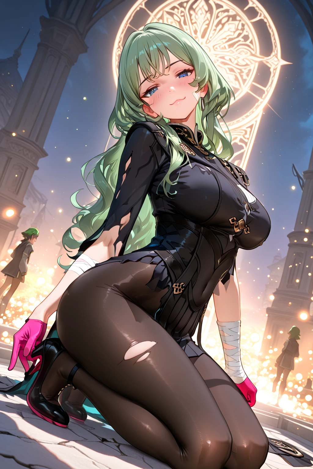 Amongst towering skyscrapers, seen from a high-rise office, the Giantess Goddess with obsidian-black skin and glowing green eyes stands tall in a sleek black dress. Normal-sized humans scatter in terror as she steps forward, each tremor causing buildings to collapse. She plucks people from the streets, savoring their panic and pain.