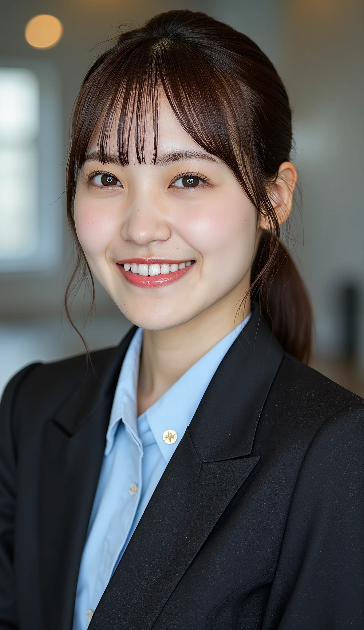 Neat Young Woman、and look at the camera、office lady suit、jacket、shirt、ネックレス、、ear piercing、、smile showing teeth、背景はオフィス