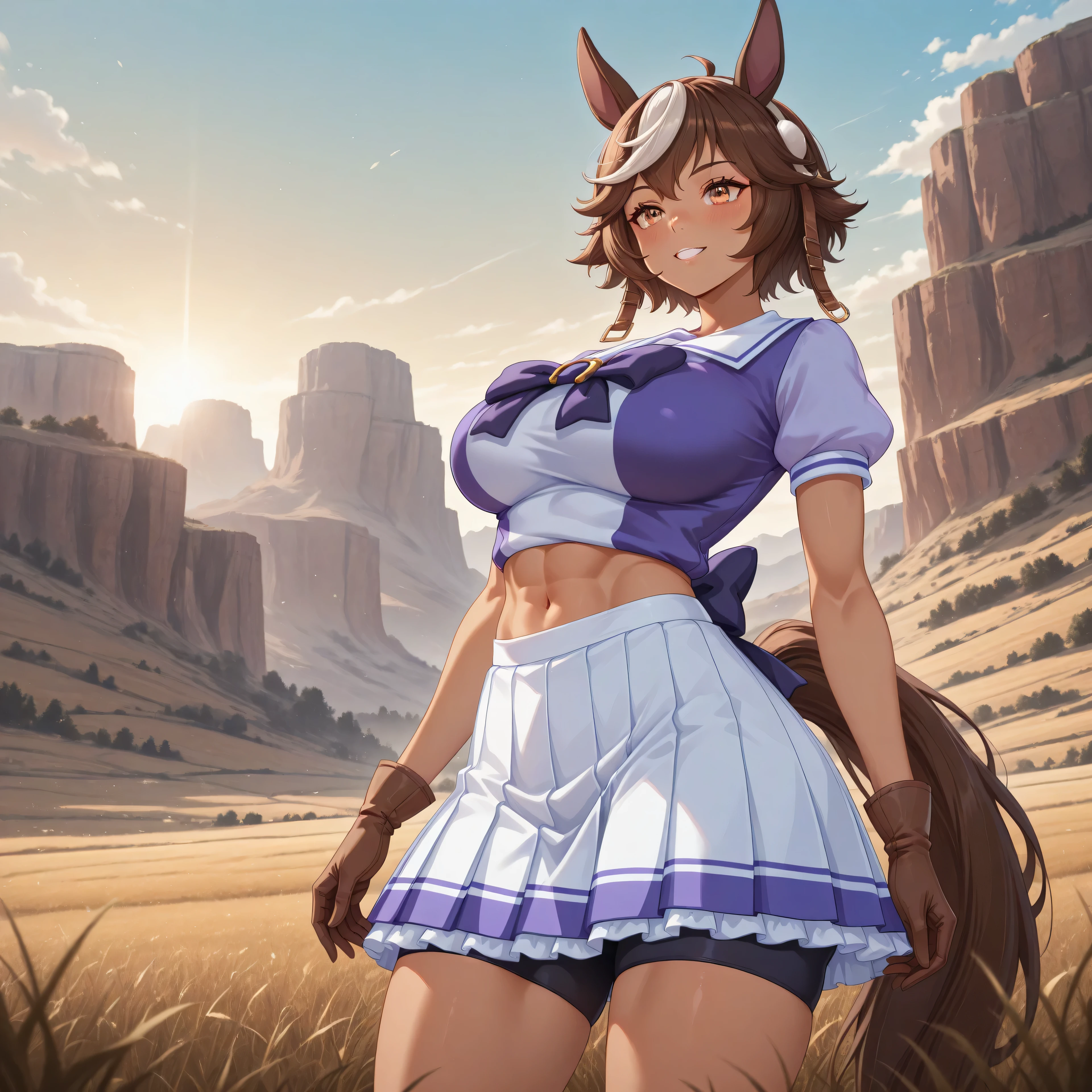 anime, lazypos, masterpiece, best quality, amazing quality, grassy mesa in background, grassy field standing around, 1girl, solo, tomoe umari, animal ears, Tracen school uniform short, bike shorts under skirt blush, large breasts, brown eyes, brown gloves, brown hair, white hair, cowlick, horse ears, horse girl, horse tail, navel, tail, tan, teeth, toned, toned female,