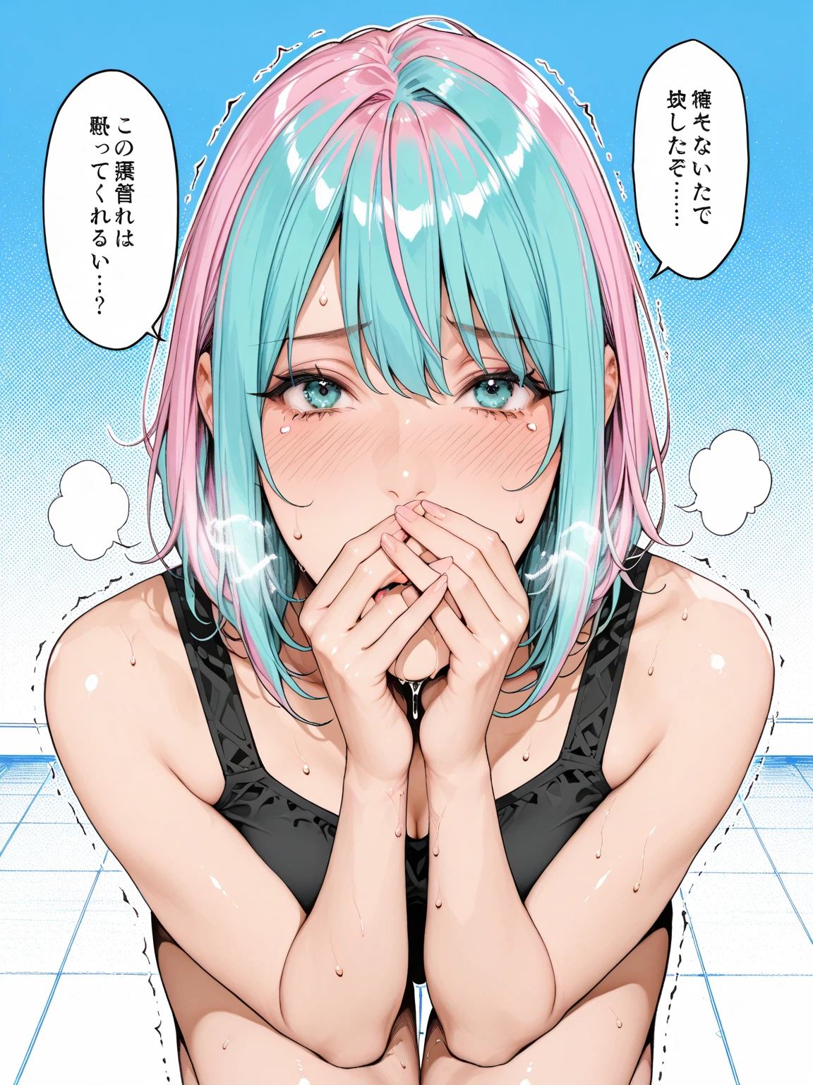 (throw_hand, pink vibrator remote switch in throw_hand, throw:1.2), highest quality, Super detailed, masterpiece, Ultra-high resolution, 8k, Ridiculous, Cowboy Shooting, Blurred, One girl, Embarrassing, blush, Lovely, , With tears in her eyes and her mouth open, What saliva leaves behind, Wet skirt hem, Not wearing pants, Bulging of the vibrator cord, Vibrator with Garters, Subway car interior background, In a crowded group of women,Squirting、Ahegao、Ecstasy face,Landmine fashion、blue hair green eyes medium hair gradient hair