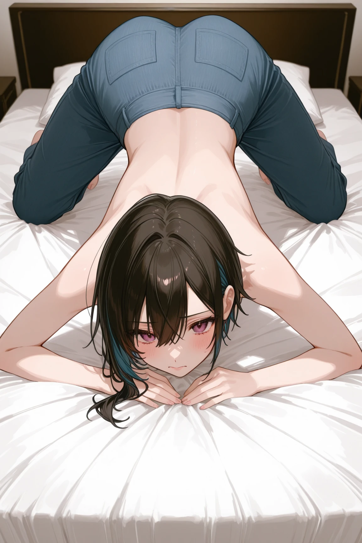 ((Best quality)), ((masterpiece)), (detailed), very thin, very cute boy 12 years old, boy 12 years old in very short white tight tight swimming trunks, Shy. Lying in bed, back view