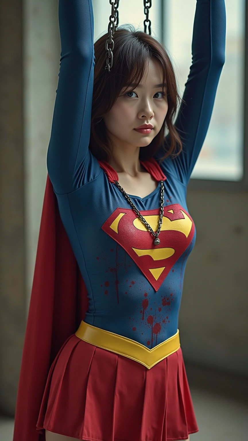 best quality，masterpiece，Ultra HD, Super detailed, 8K，(Beautiful woman)，(一人のBeautiful woman)，((suffering:1.5))，((cross))，(execute)，((incontinence))，scared，，，((crossにsufferingにされた女性：1.5)),suffering刑，((Super Girl))，Blue Suit，Superman logo on chest，Red Skirt，((torn clothing：1.5))，((Clothes torn：1.5))，(Ragged clothes)，((There are bruises on the body))，Scars on the body，Injuries to the face and body，(contusion, dirty, Torn clothes, Revealing clothes, Blood:1.3)，Defeat the heroine，a devastated world，ruins，abandoned building，(burned at the stake)，((roast on fire：1.2))