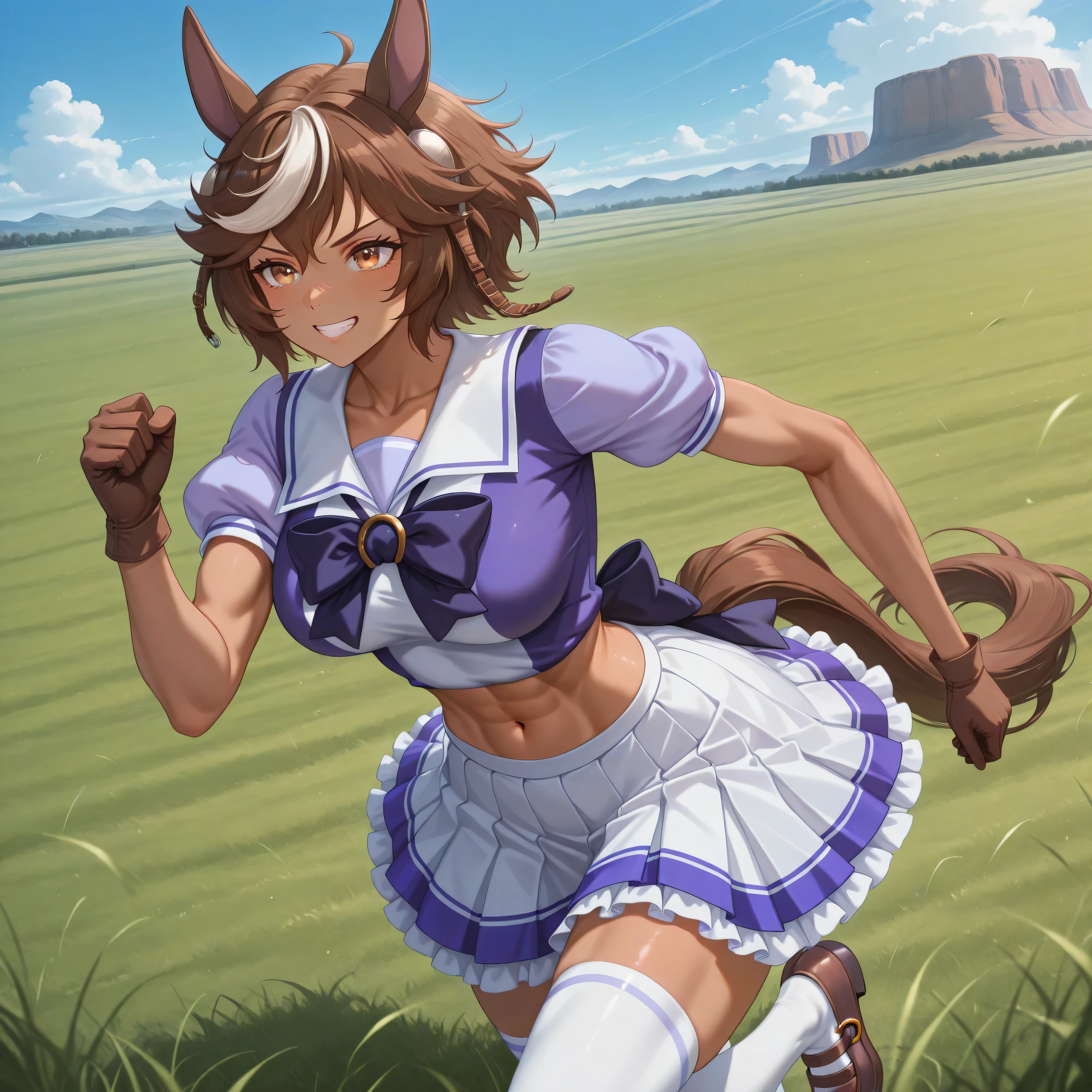 anime, lazypos, masterpiece, best quality, amazing quality, grassy mesa in background, grassy field, running, 1girl, solo, tomoe umari, animal ears, TracenShort, tracen school uniform, purple sailor shirt, white pleated skirt, white thighhighs, brown loafers, purple bow, puffy short sleeves, breasts, brown eyes, brown gloves, brown hair, white hair, cowlick, horse ears, horse girl, horse tail, navel, tail, tan, teeth, toned, toned female,