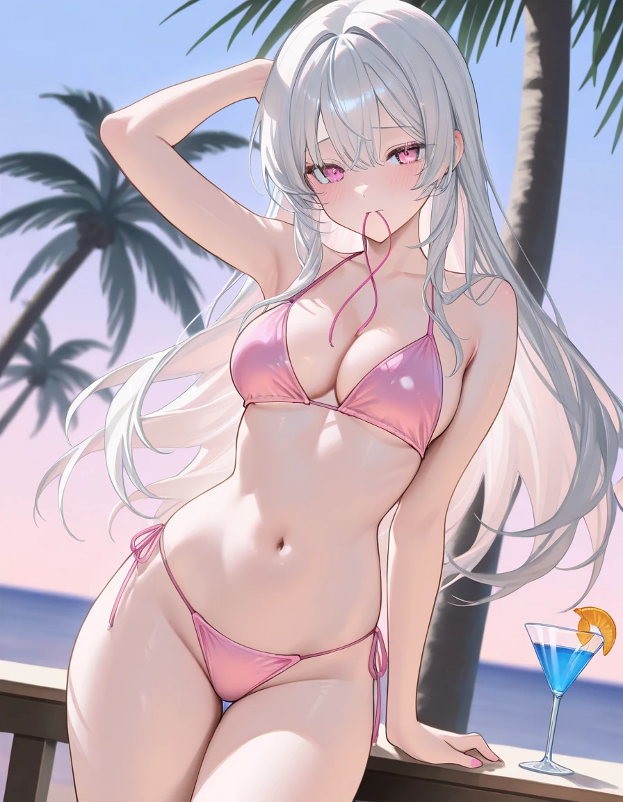 1girl, long white , violet eyes, , big breasts, sunglasses, white small bikini, on sand, beach, wing on back