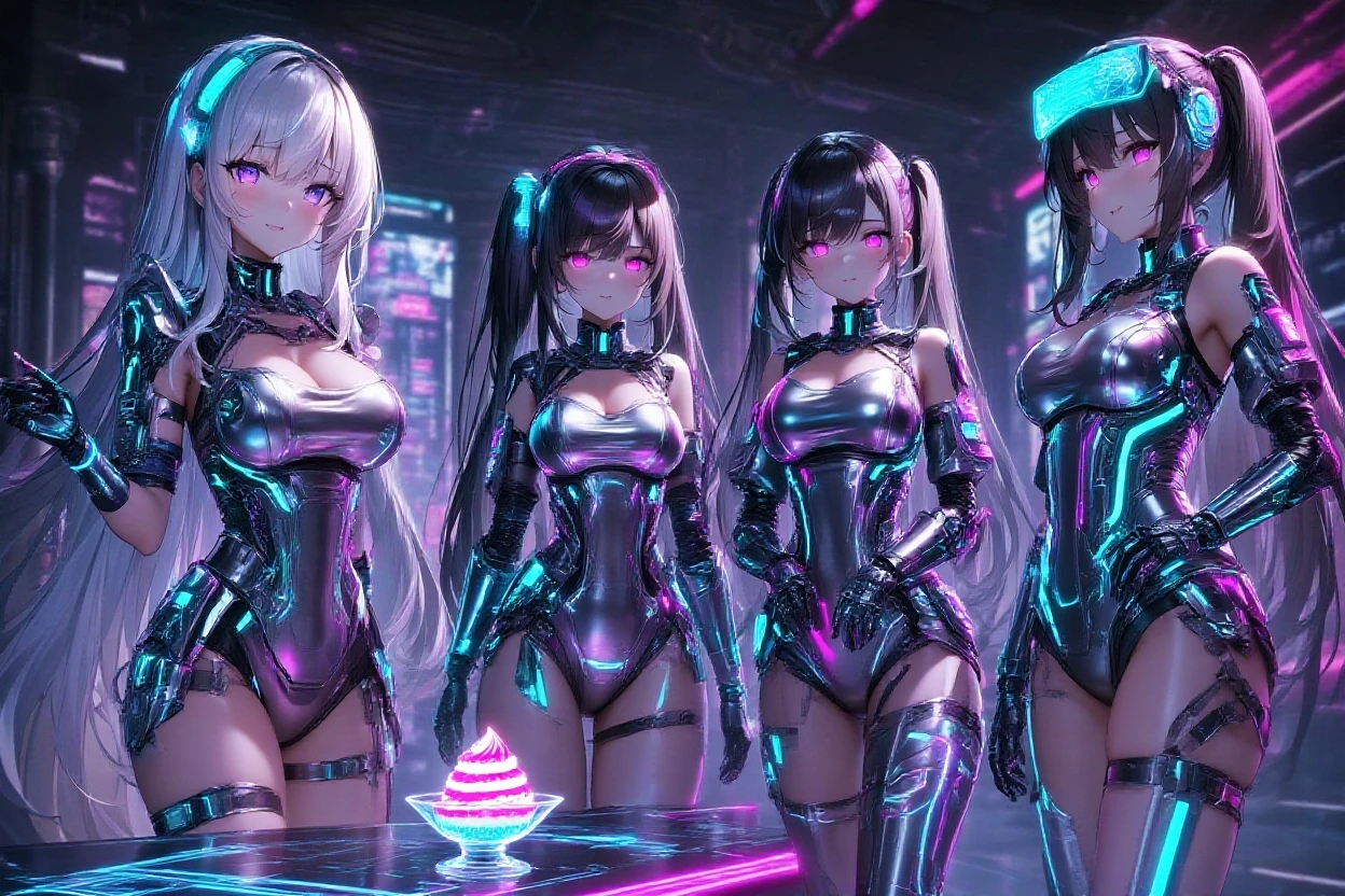 A cool Japanese manga-style illustration,Goth style with black, magenta and fluorescent green,One person, Twintails tied high, Magenta and fluorescent green gradient hair, The setting is a kaiten-zushi (conveyor belt sushi) restaurant,They are smiling and enjoying themselves, sweeping away the plates of sushi on the conveyor belt with their arm.,