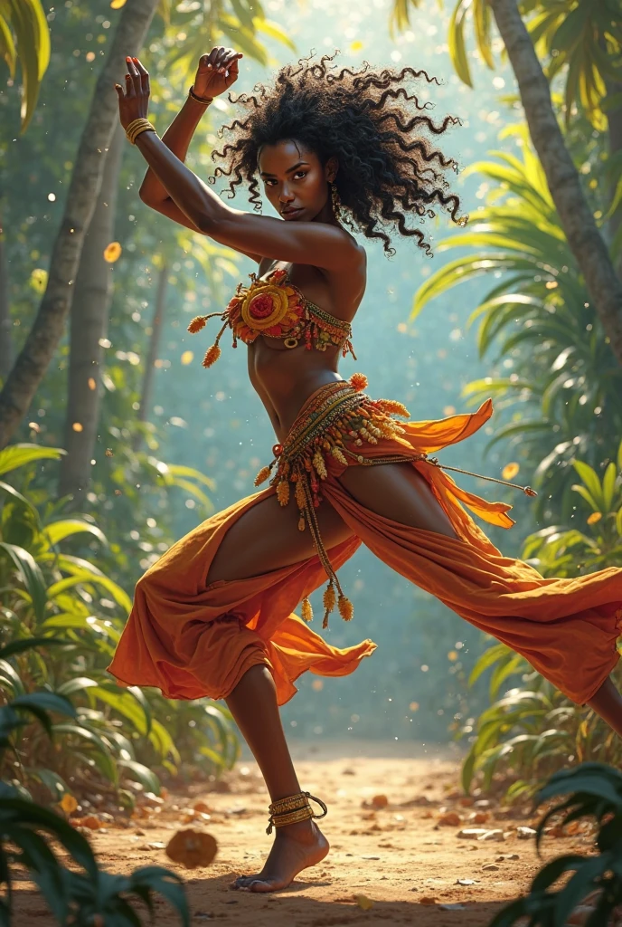 African woman dressed in African design samurai clothes, with curly blue hair with a sword jumping in air, fighting pose in mid air slashing falling red leaves with a sword, with iridescent light, highly detailed images, vibrant beautiful colours, photorealistic image, 8k, ultra HD, unreal engine rendered, cinematic lighting, artgerm style, --auto --s2