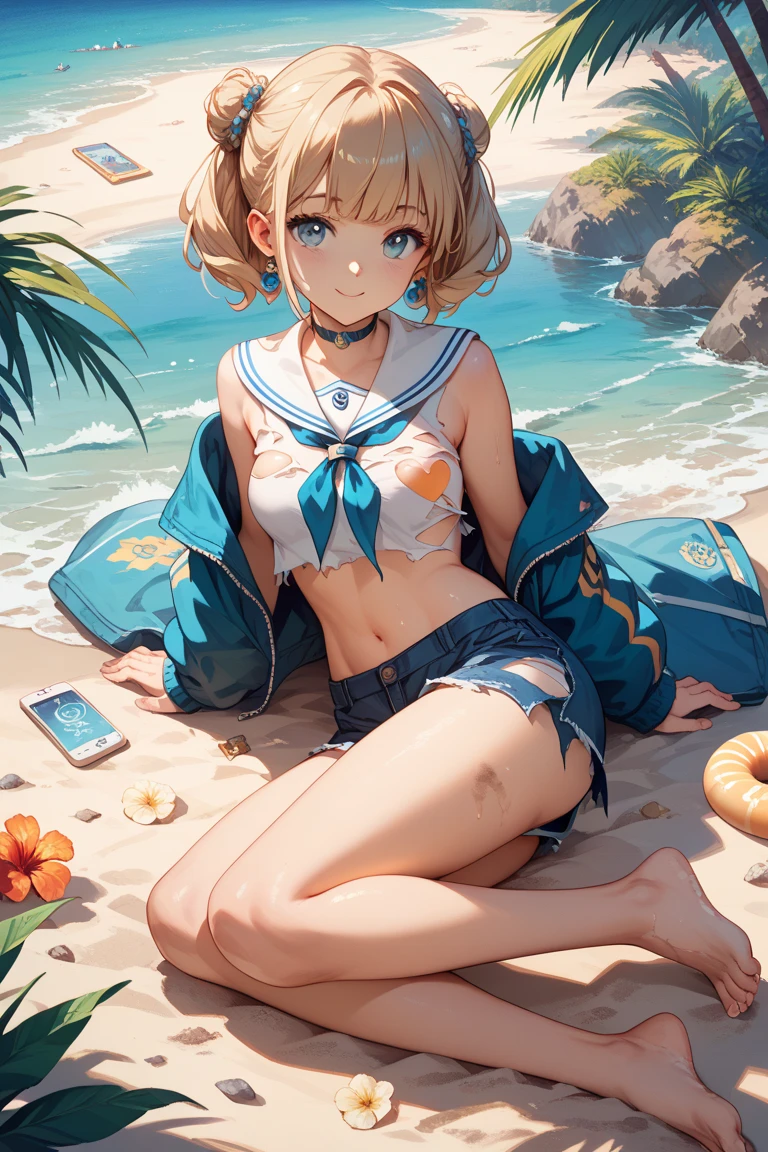 schoolgirl, Brown hair, Medium hair, Sailor suit, (Naked:1.1),  (Blushing:1.0), Detailed face, Roadside, POV crouching，Expose the inside of your legs，