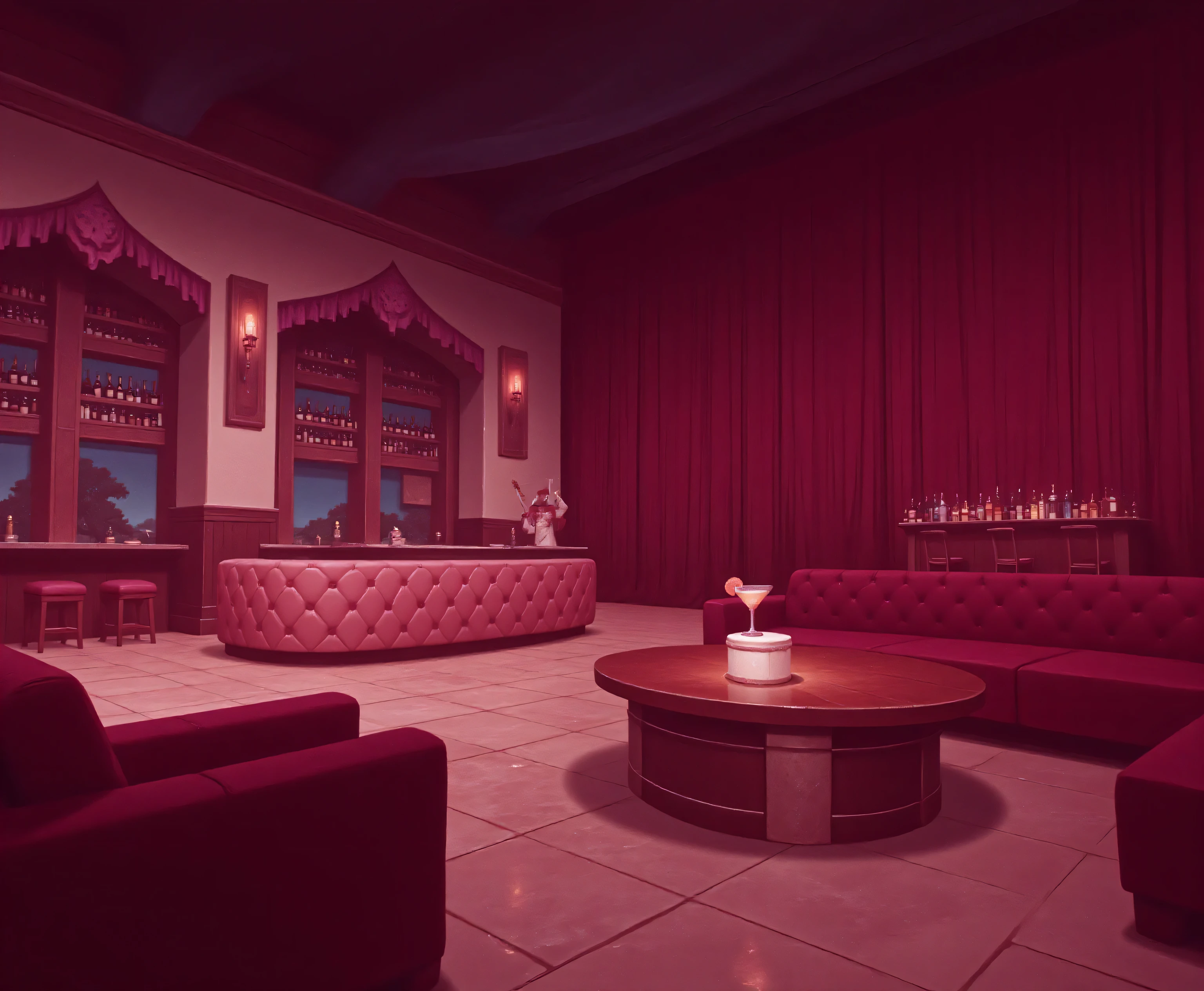 bar,无人的bar,, ambiguous atmosphere,sofas, high-end atmosphere,,, the giant bar is on the left side of the screen,has a row of wine cabinets,, beautiful cocktails on the bar