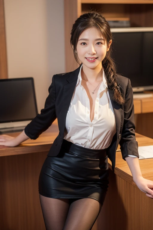 japanese, solo, large breasts, brown hair, bangs, smile, (natural make:1.2), dynamic angle, high res, (photo realistic:1.2), (highly detailed:1.1), desk, Tight skirt business suit, office chair, smile,(computer), detail brassiere, delicate background, bokeh, professional lighting, physically-based rendering, (cowboy shot), cleavage,(Plaid vest),((spreading legs)),
