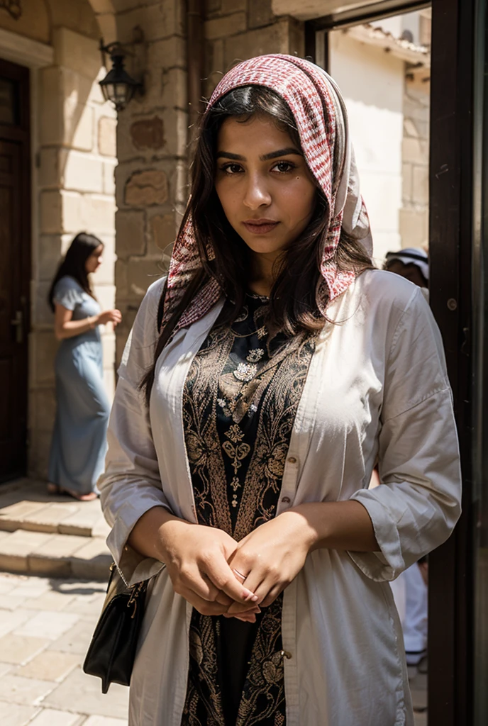 Beautiful and regal, imperious and aloof, busty athletic (thin) brunette queen with sharp facial features wearing a modest updo, dark red medieval dress, long sleeves, intricate patterns, embroidery, wide neck, crown, veil, long dress, modest dress, tight bodice, silver (waist chain), medieval jewelry, Middle Ages, castle, rampart, wall, exterior, on top of a castle wall, trees, countryside, evening, sunset.