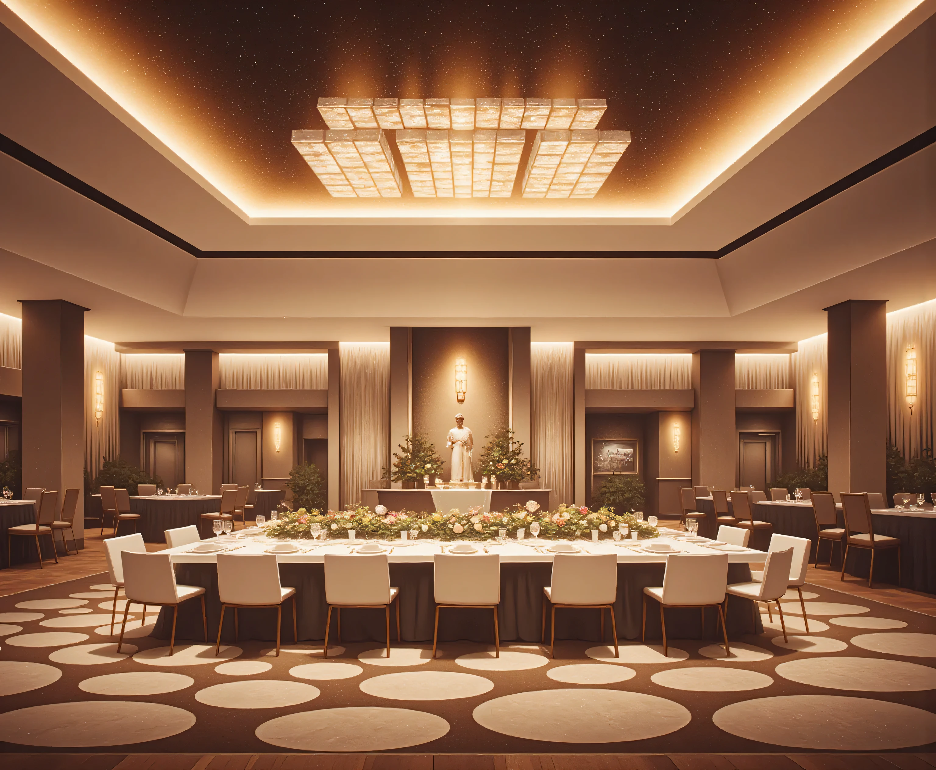 High-end banquet hall，Empty，The dining table and chairs are neatly arranged，Overall bright and atmospheric，Modern facilities，Giant banquet hall。, bright and warm，Large dining table