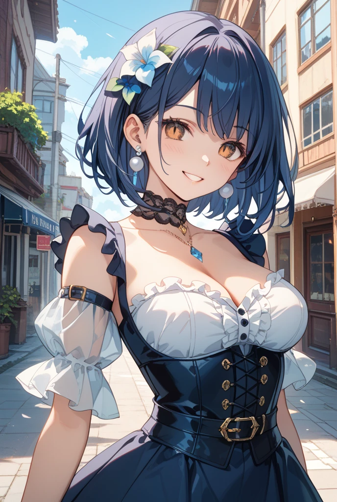 masterpiece, upscale, Super detailed, 8k drawing under CG unity, A woman looks directly at the observer, Summer subjects, Charming and happy expression, In the heart of Paris, Smile, long black hair, medium breasts,C cup,thick thighs,cute outfit,cute skirt,cute accessories,detailed heart pupils