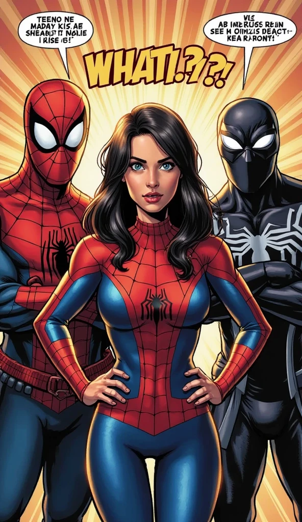 Three gorgeous women (varied height, varied weight, varied race, wearing a towel or less, crazy hairdo, crazy jewelry, tend towards fit and hourglass figure) they are flirting with Spider Man, women's locker room. Spiderman has webbed a villain to the wall, he is embarrassed by the women's attention
