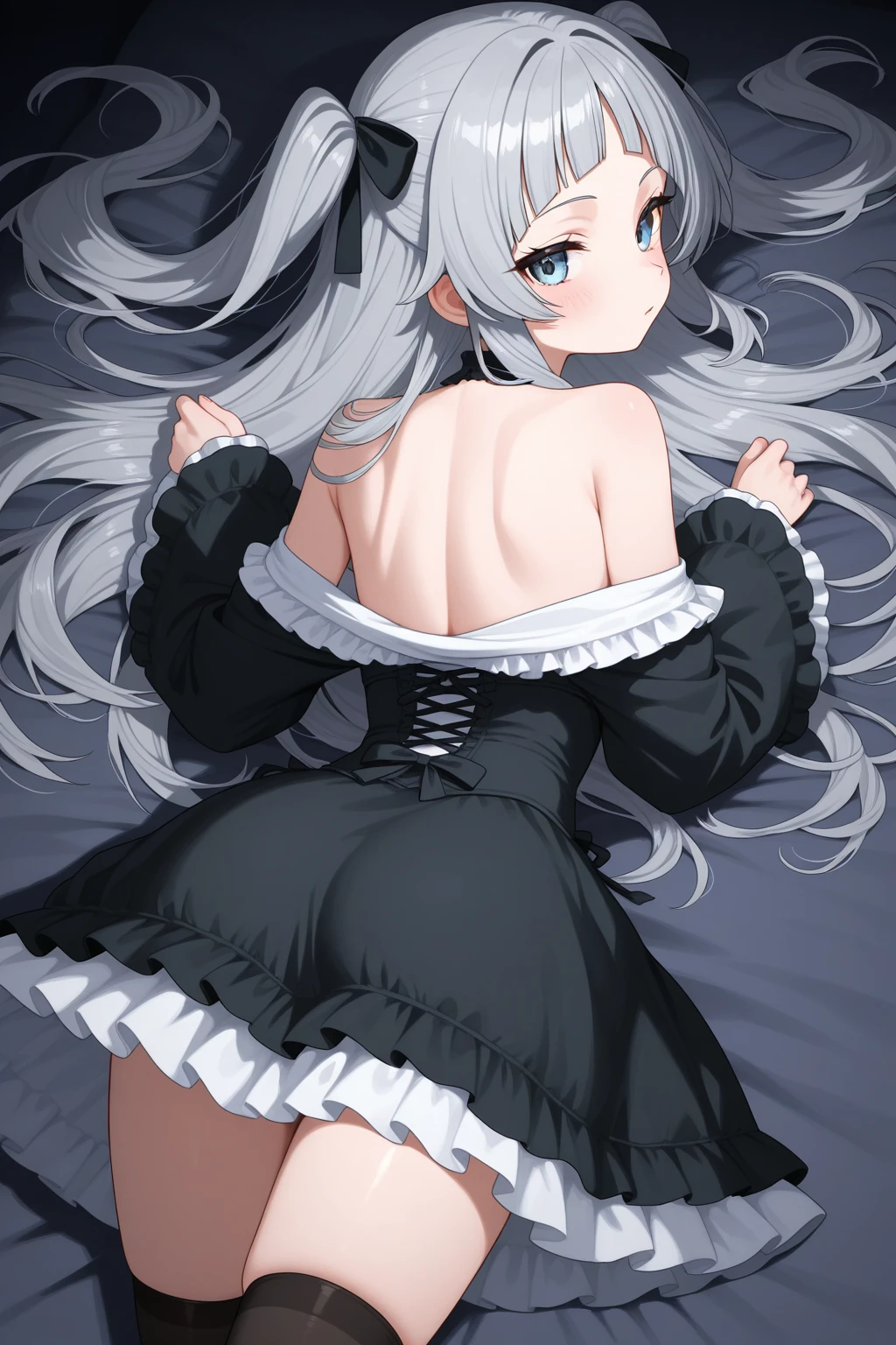 Cute beautiful girl、Embarrassing blush、Gothic Lolita Lingerie、Wavy Hair、Attach your head to the ground、Big Ass、From the back、look back、