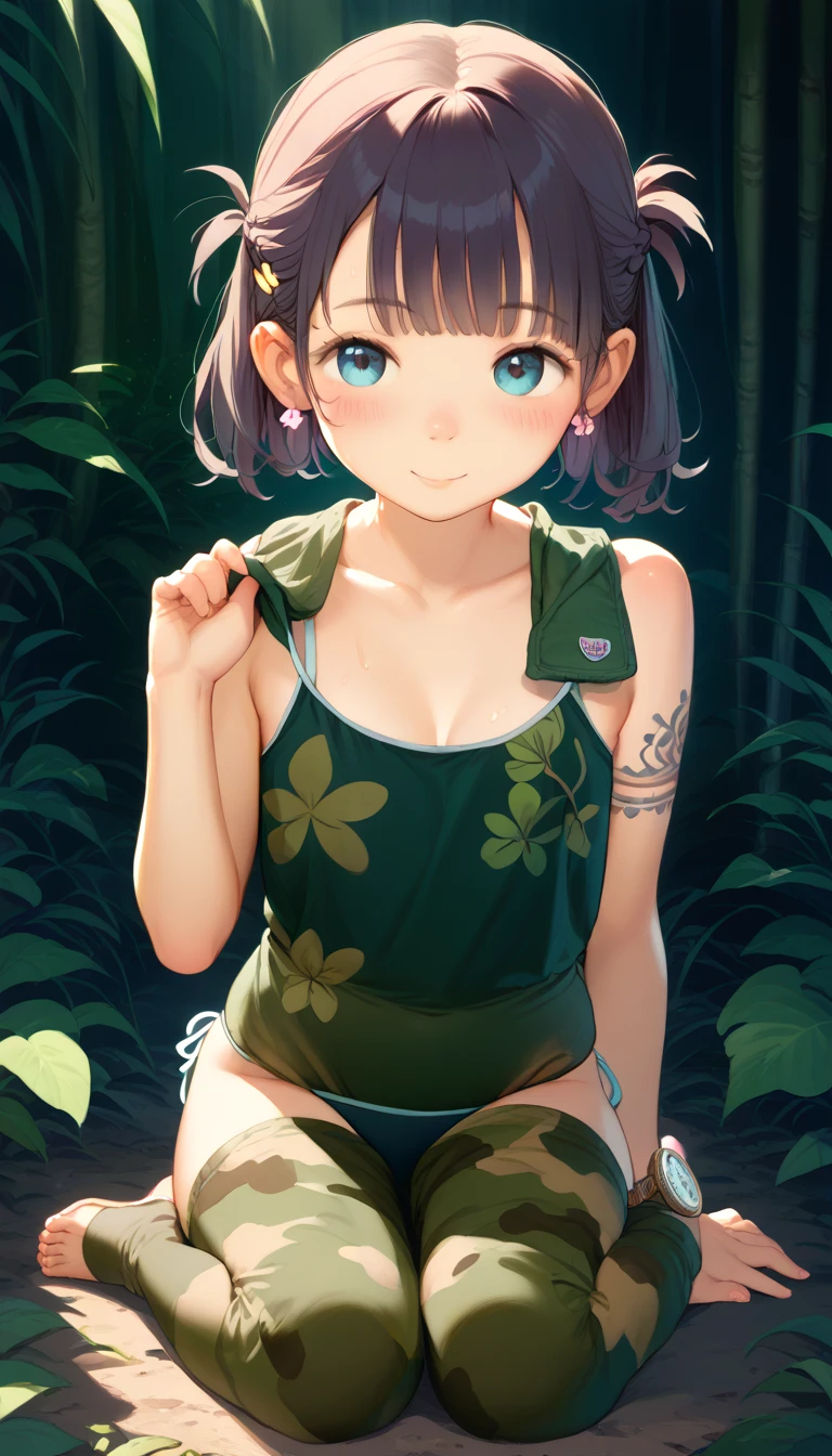 (Absurdres, best high quality, best detailed with gigh quality and very detailed features and textures alone solo character)
{{(20 years old dark-blue haired elf girl: (pale skin, hair tied in two pigtails, heterochromatic eyes, very thin lips, voluptuous body, big breasts, beautiful arms, beautiful legs, happy face, open smile, lovely, cheerful and adventurer, feminine, running happy), (yellow and light-green one-piece swimsuit), (summer day and green garden)}}