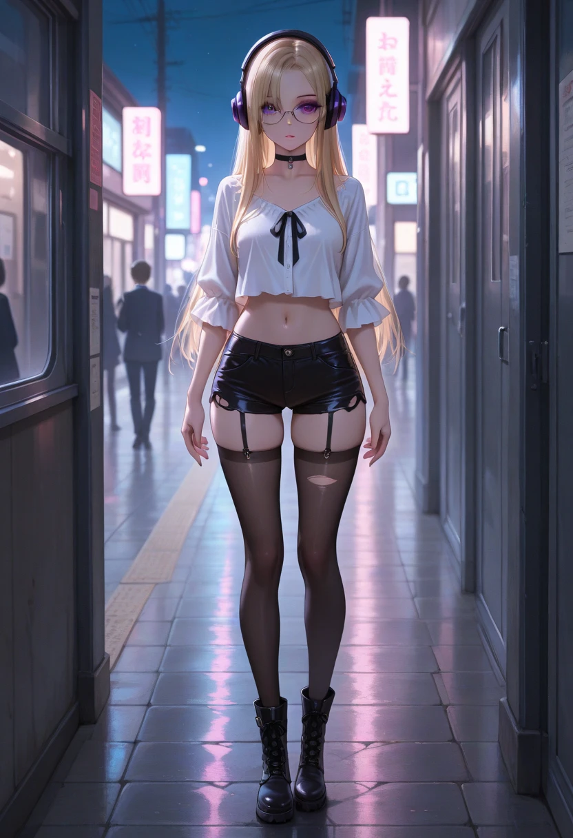 tmasterpiece， best qualtiy， NSFW， full bodyesbian, standing, Animal ears, sanimal ear fluff, Blonde hair, Green eyes, Small lively breasts，White background, Have on the street， the night， neonlight， white t - shirt， no-bra， hot pant， Poker face， up front view， standing on your feet，