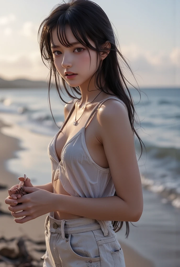 8K, Raw photo, Realistic, (detail, Best Quality:1.2), Full body shot, Photo from the front, Cinematic lighting, Late night beach, fullmoon, ((flat chest:1.3, Small chest:1.3)), (White lace dress), Teenage girl with long hair, Black Long Hair, Fairer skin, skinny body